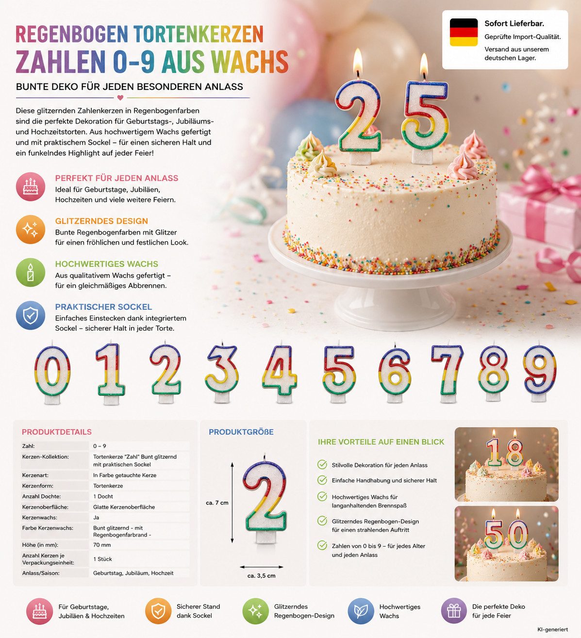 HH-Haushalt Geburtstagskerze Tortenkerze Zahl "1" Regenbogen glitzernd mit Halter - Zahlenkerze
