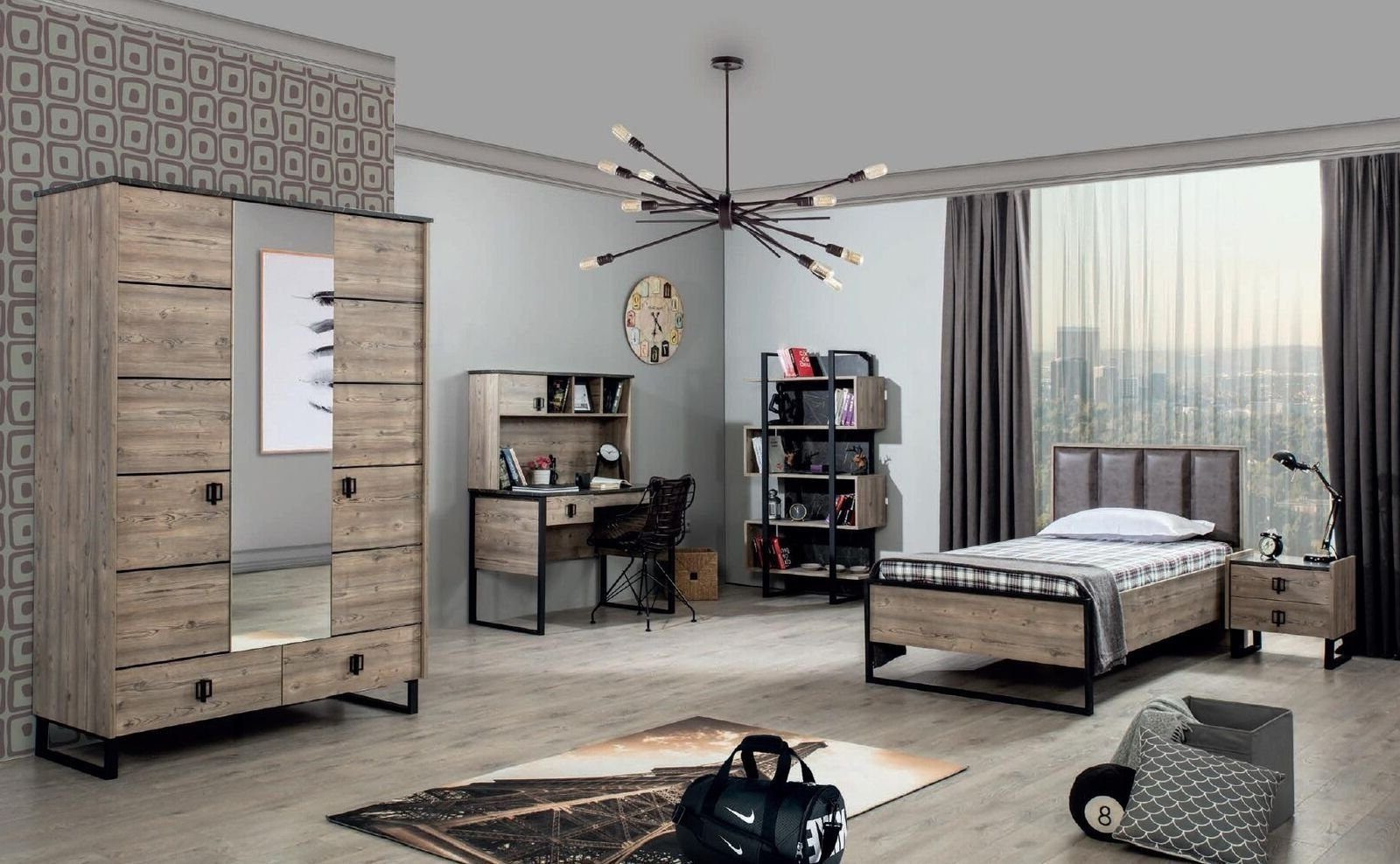 Xlmoebel Jugendzimmer-Set Loft-Stil Jugendzimmermöbel mit Nachttisch und Bücherregal, (5-tlg., Schlafzimmer-Set), Hergestellt in Europa