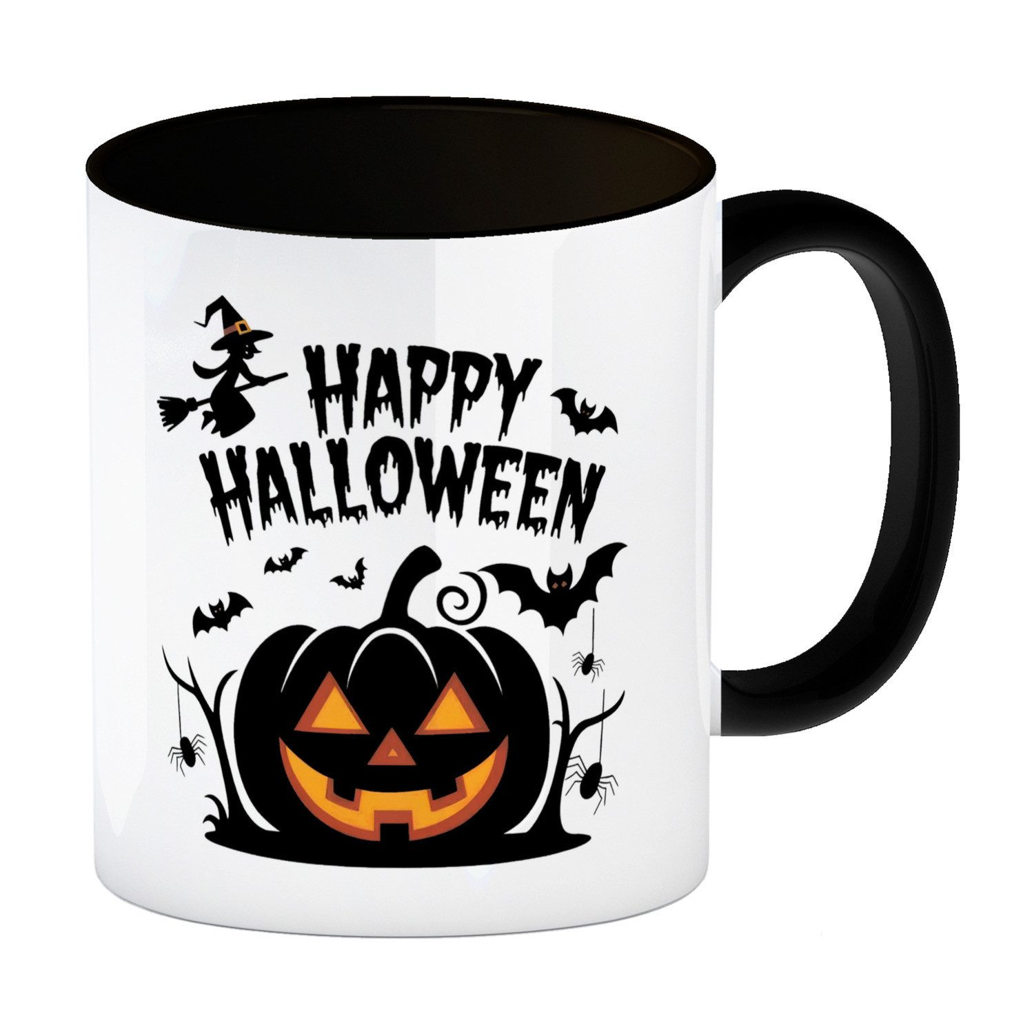 speecheese Tasse Gruseliger Kürbis mit Hexe - Happy Halloween Kaffeebecher in schwarz