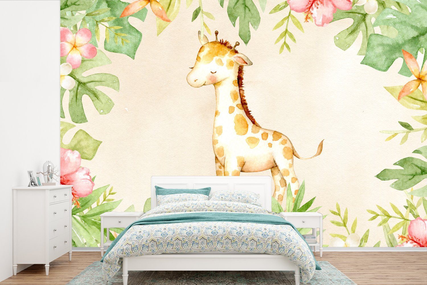 MuchoWow Fototapete Giraffe - Aquarellfarbe - Blumen - Dschungel, Matt, bedruckt, (6 St), Wallpaper für Wohnzimmer, Schlafzimmer, Kinderzimmer, Vinyl Tapete