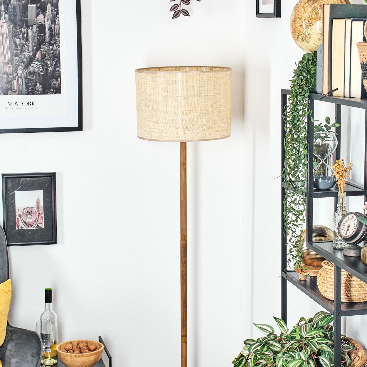 hofstein Stehlampe Stehlampe im skandinavischen Design aus Papiergeflecht/Stoff, ohne Leuchtmittel, Boho-Style mit Schirm, Ø 40cm, E27, mit Fußschalter