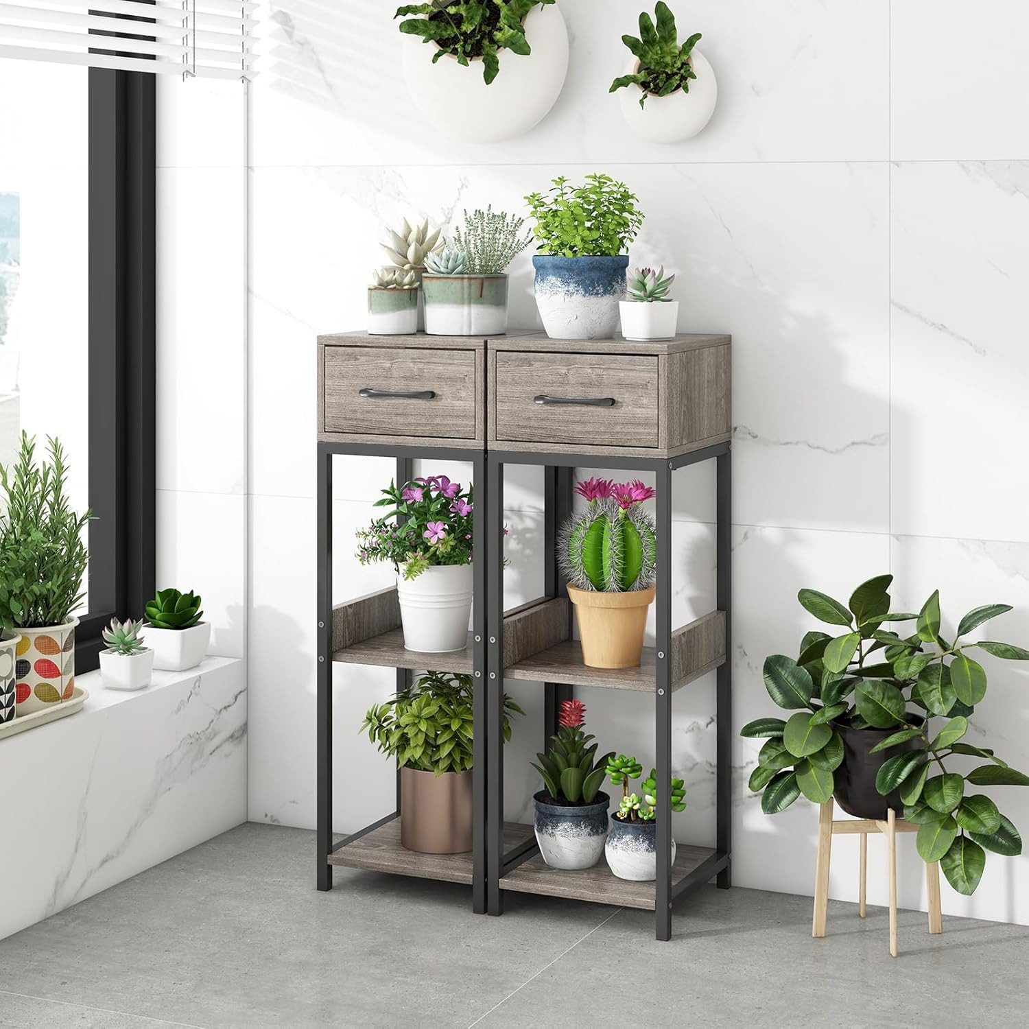 KOMFOTTEU Blumenständer Pflanzenständer, mit Schublade & offenen Ablagen