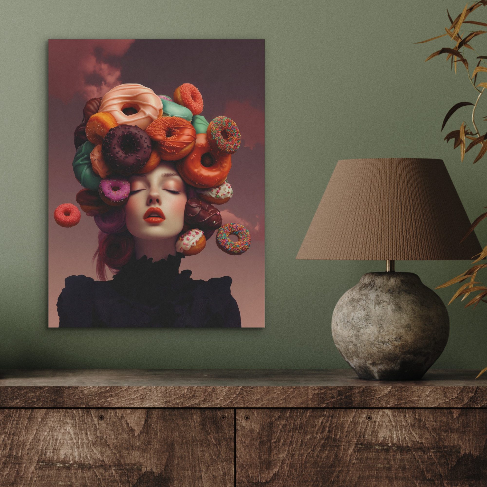 MuchoWow Gemälde Frau - Donuts - Bunt - Küche, Fotodruck (1 St), Akustikpaneele, Wandpaneele, Schalldämmung, Akustikbilder 30x40 cm
