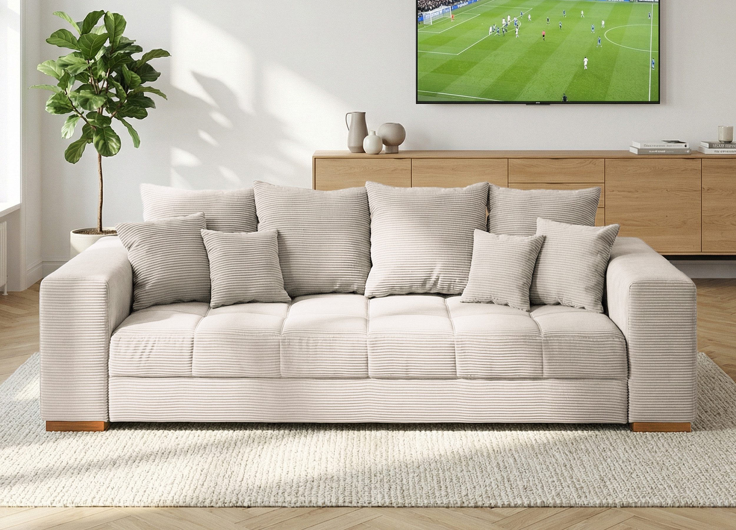 Massivart® Big-Sofa Cord grau oder beige 254 cm / 4-Sitzer Cordsofa / BORNEO, Nosagunterfederung / inklusive Kissen Set