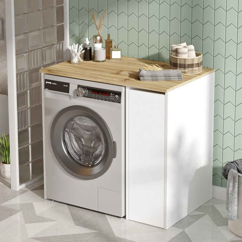 Yurupa Waschmaschinenumbauschrank Waschmaschinenschrank mit Schublade Überbau Schrank Weiß Natur SA1-WK
