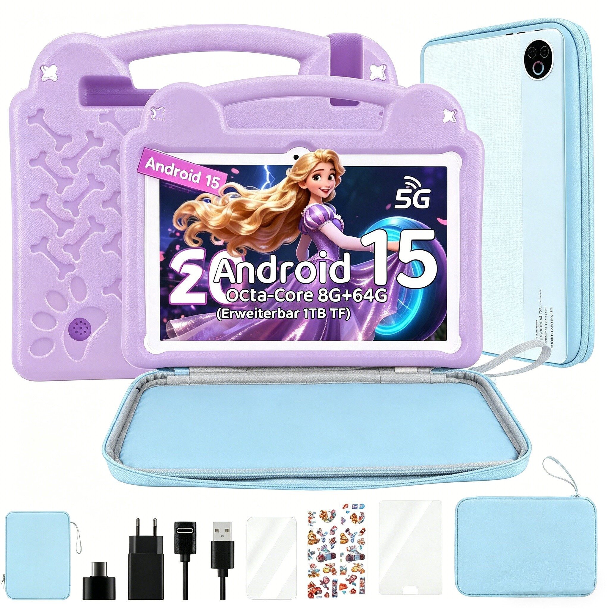 LETGOSPT Kinder Lern-Tablet 10.1'' Android 15, 64 GB 1280x800 IPS HD Octa Core Tablet (10.1", 64 GB, Android 15, 2.4G+5G WIFI6, 6000mAh mit WiFi 6 Bluetooth 5.0 GMS mit Sticker und computertasche)