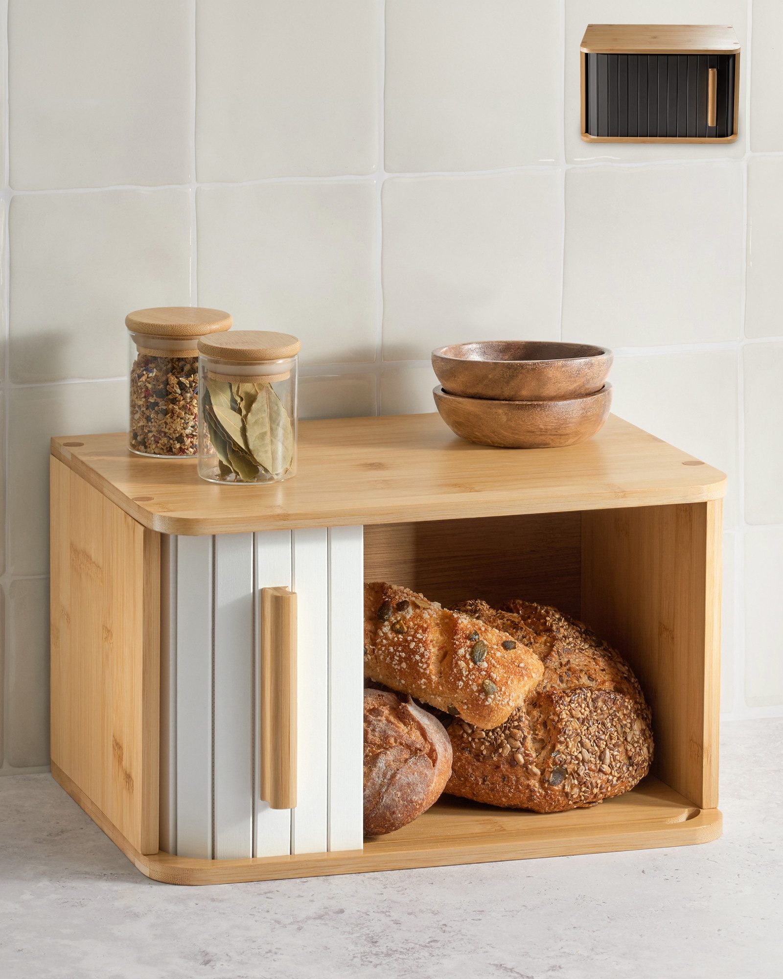 Praknu Brotkasten Kleiner Bambus-Brotkasten mit weißer Tür, Bambus, FSC® Holz - Platzsparend und stilvolle Brotbox für längere Frische