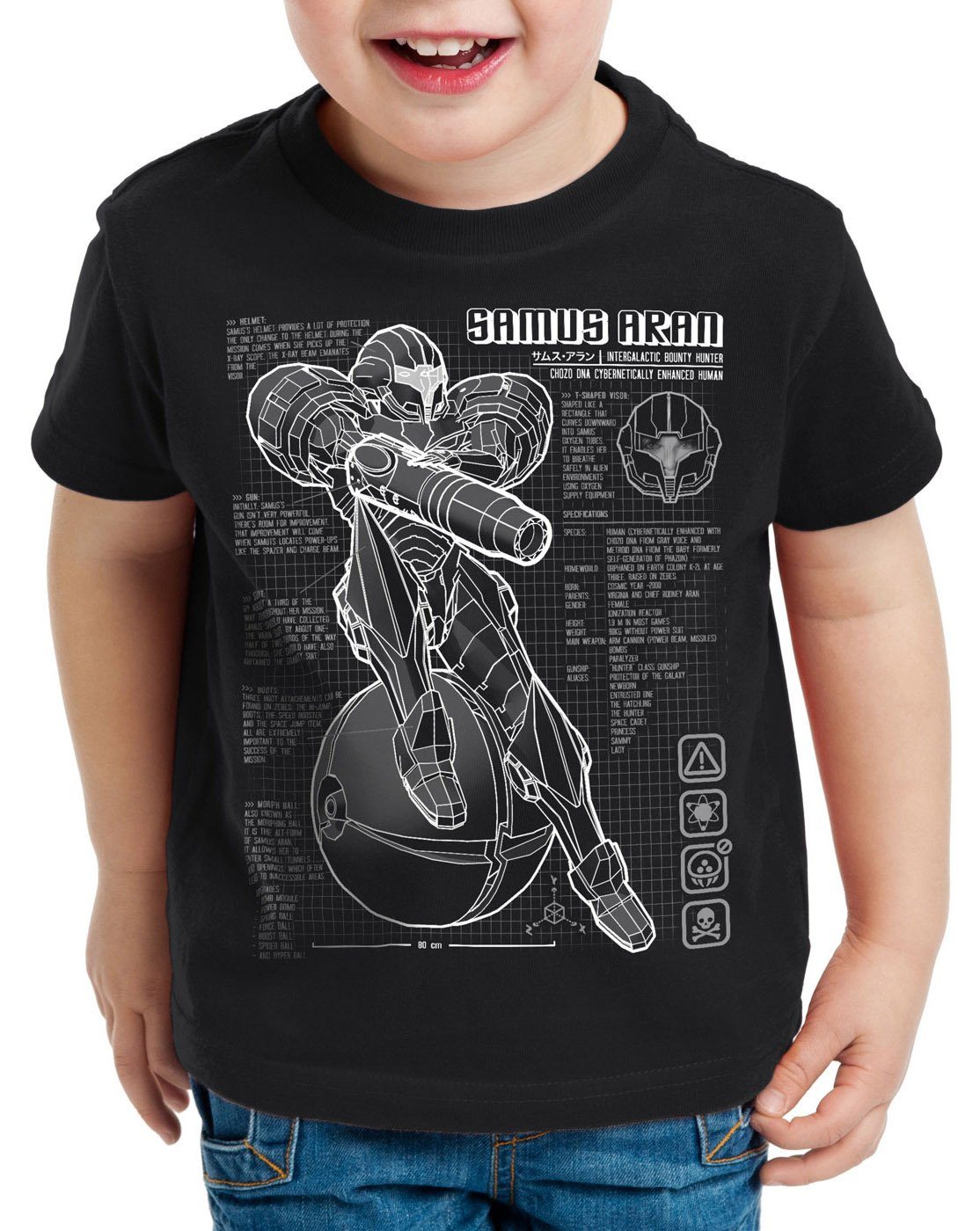 style3 Print-Shirt Kinder T-Shirt Samus Blaupause metroid nerd gamer nes snes switch schwarz