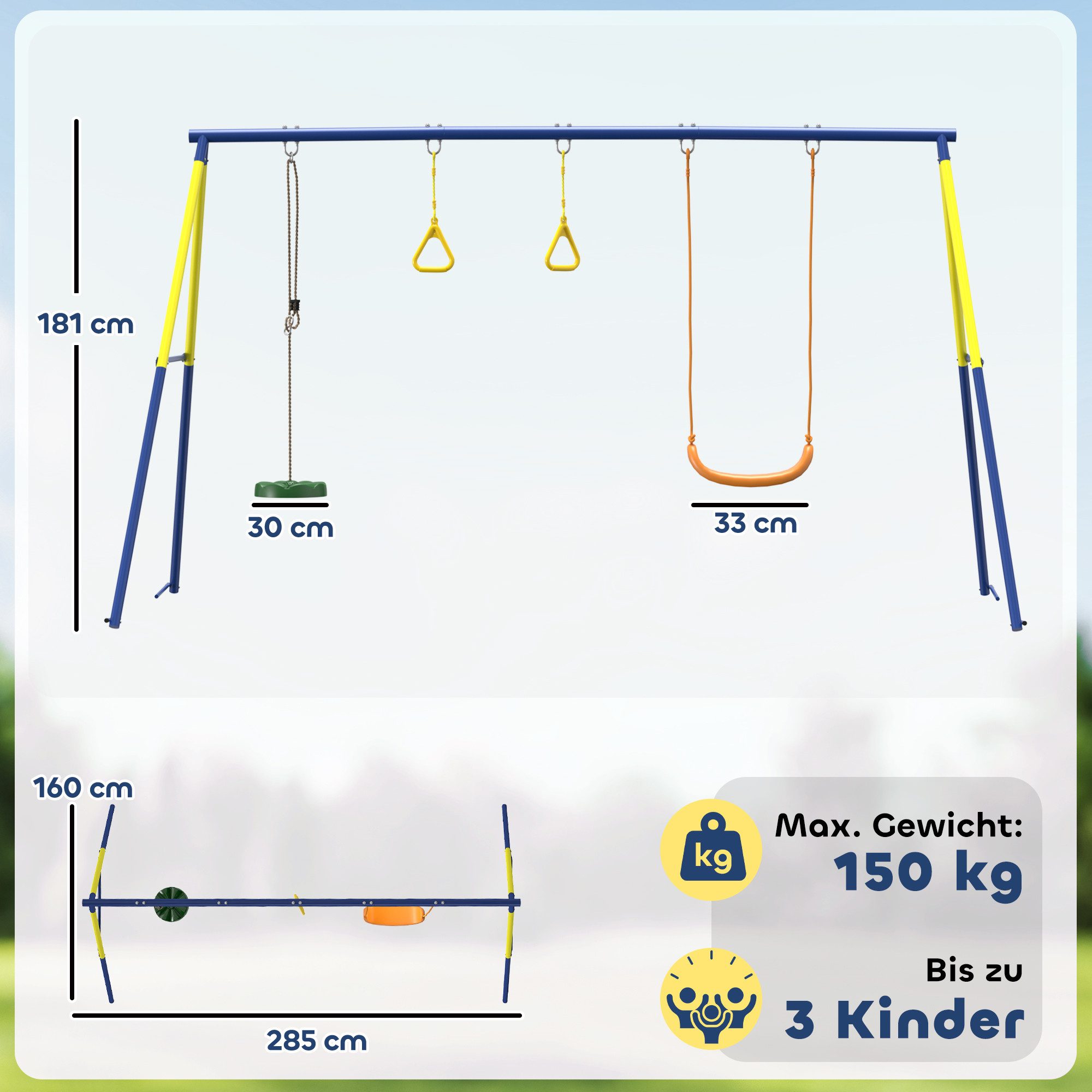 AIYAPLAY Schaukelgestell Turnringe, Outdoor Schaukelgerüst, bis 150 kg, Stahlgestell, (Gartenschaukel, 1-tlg., 3-in-1 Kinderschaukel), für 3-8 Jahre Kinder, 285x160x181 cm, Mehrfarbig