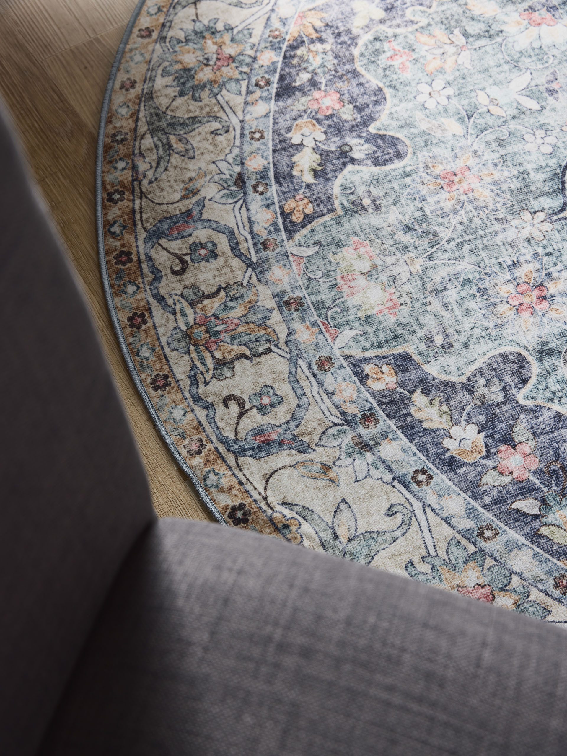 Interiyou Teppich Gent, Rund, Höhe: 5 mm, Vintage Kurzflor für Wohnzimmer, Schlafzimmer, waschbar, pflegeleicht
