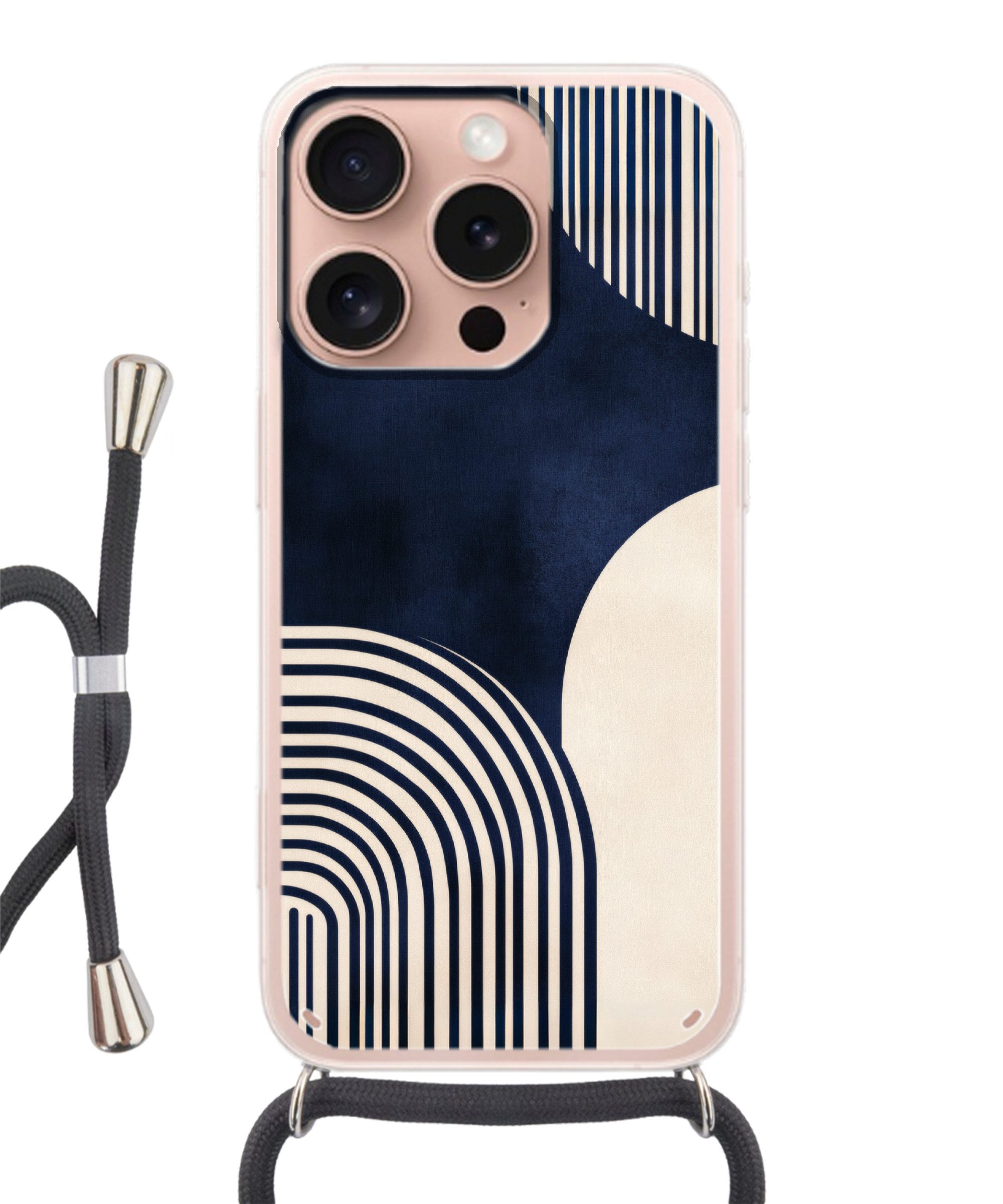 MuchoWow Handyhülle für Apple iPhone 16 Pro Dunkelblau - Abstrakt - Linien, Tragbare Handyhüllen mit Kette zum umhängen, Handykette Handyband