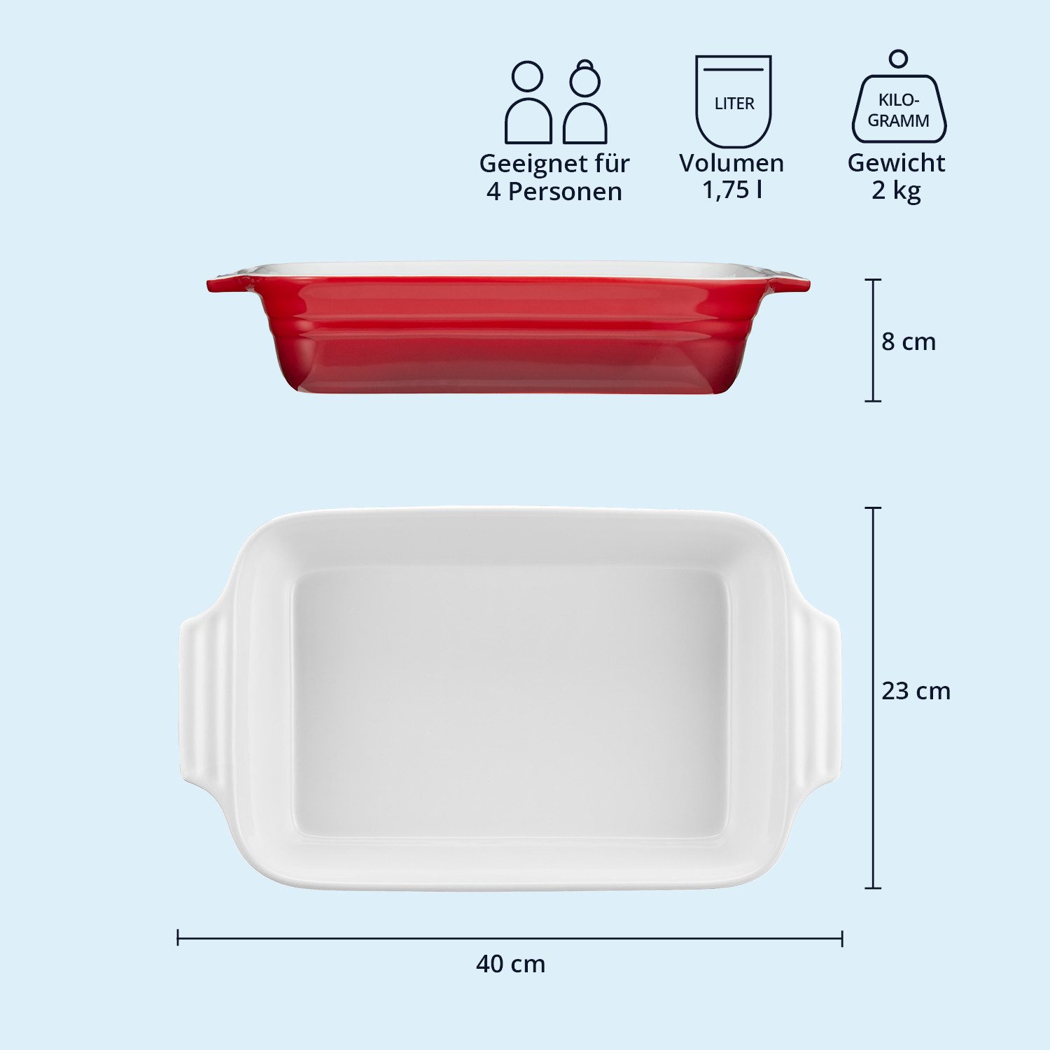 KHG Auflaufform mittelgroß 34 cm Rot 3-4 Personen, Steingut, (1-St), Antihaft (mit Emaile glasiert)
