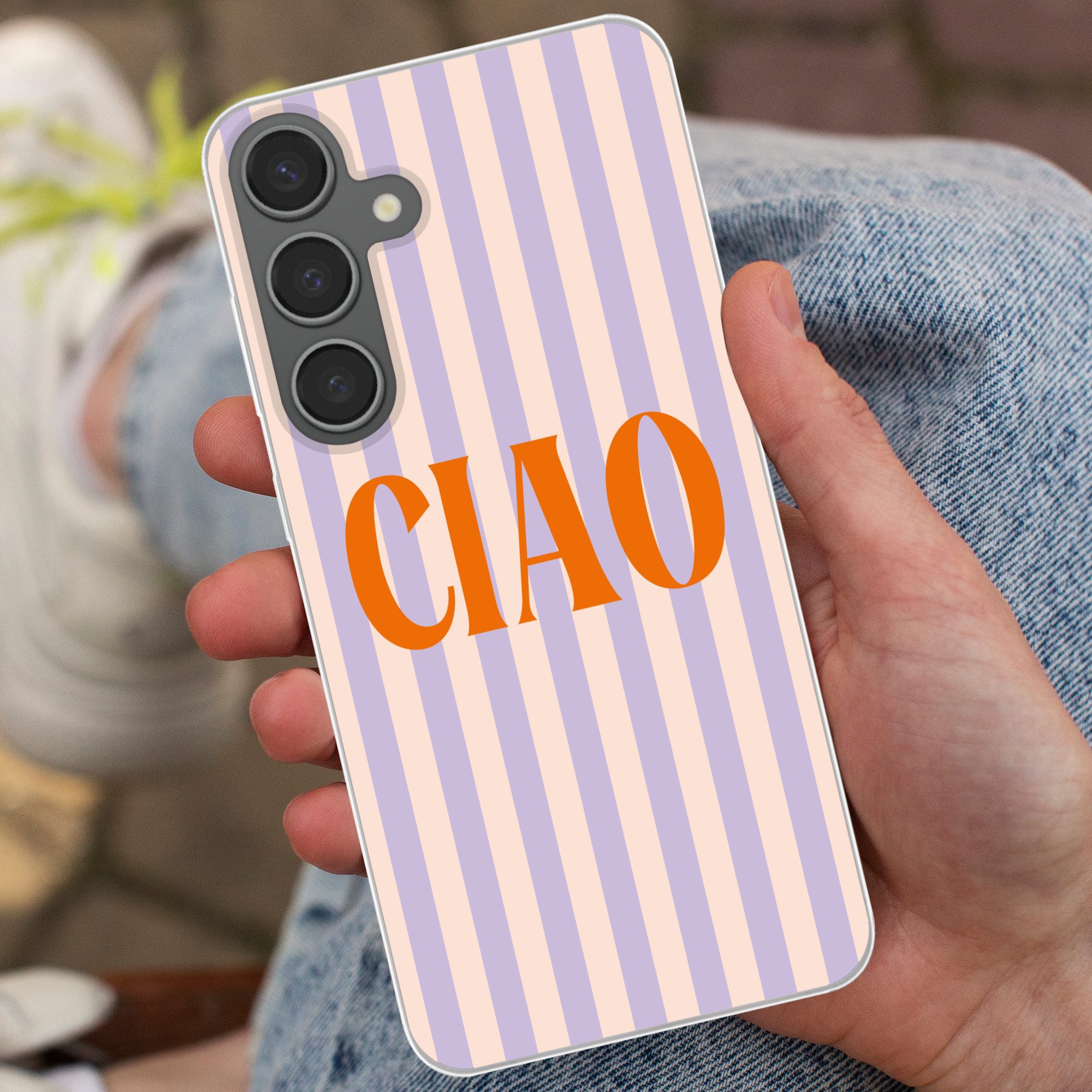 MuchoWow Handyhülle für Samsung Galaxy S24 Plus Ciao - Zitat - Pastell - Streifen, Phone Case, Silikon, Schutzhülle Dünn