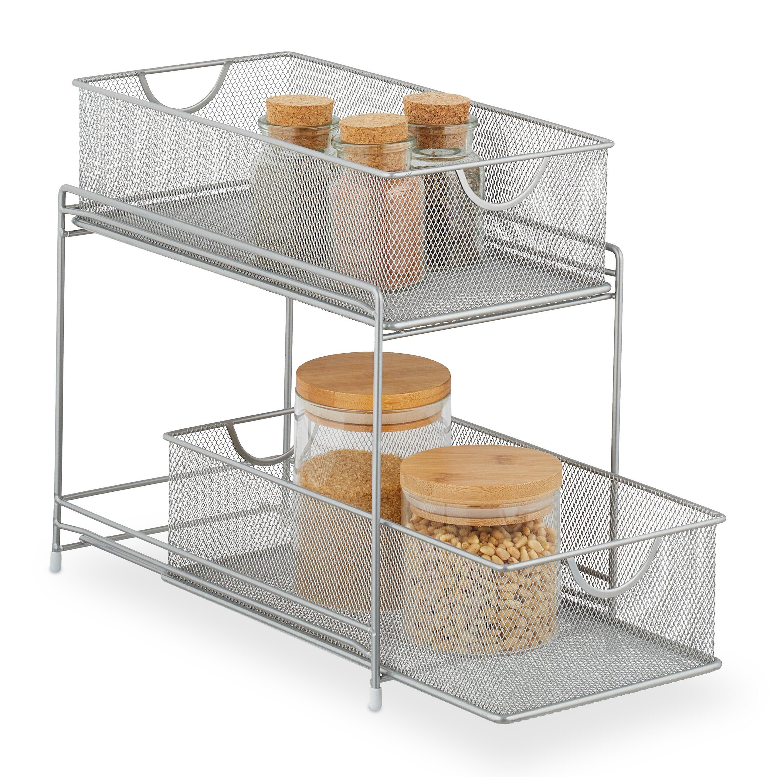 relaxdays Mehrzweckregal Küchen Organizer mit 2 Ausziehkörben, silber günstig online kaufen