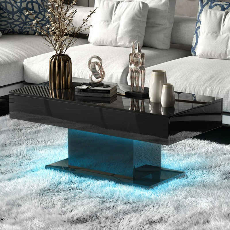 radelldar Couchtisch Wohnzimmertisch Hochglanz mit LED&Fernsteuerung modern 110x55x50cm,USB