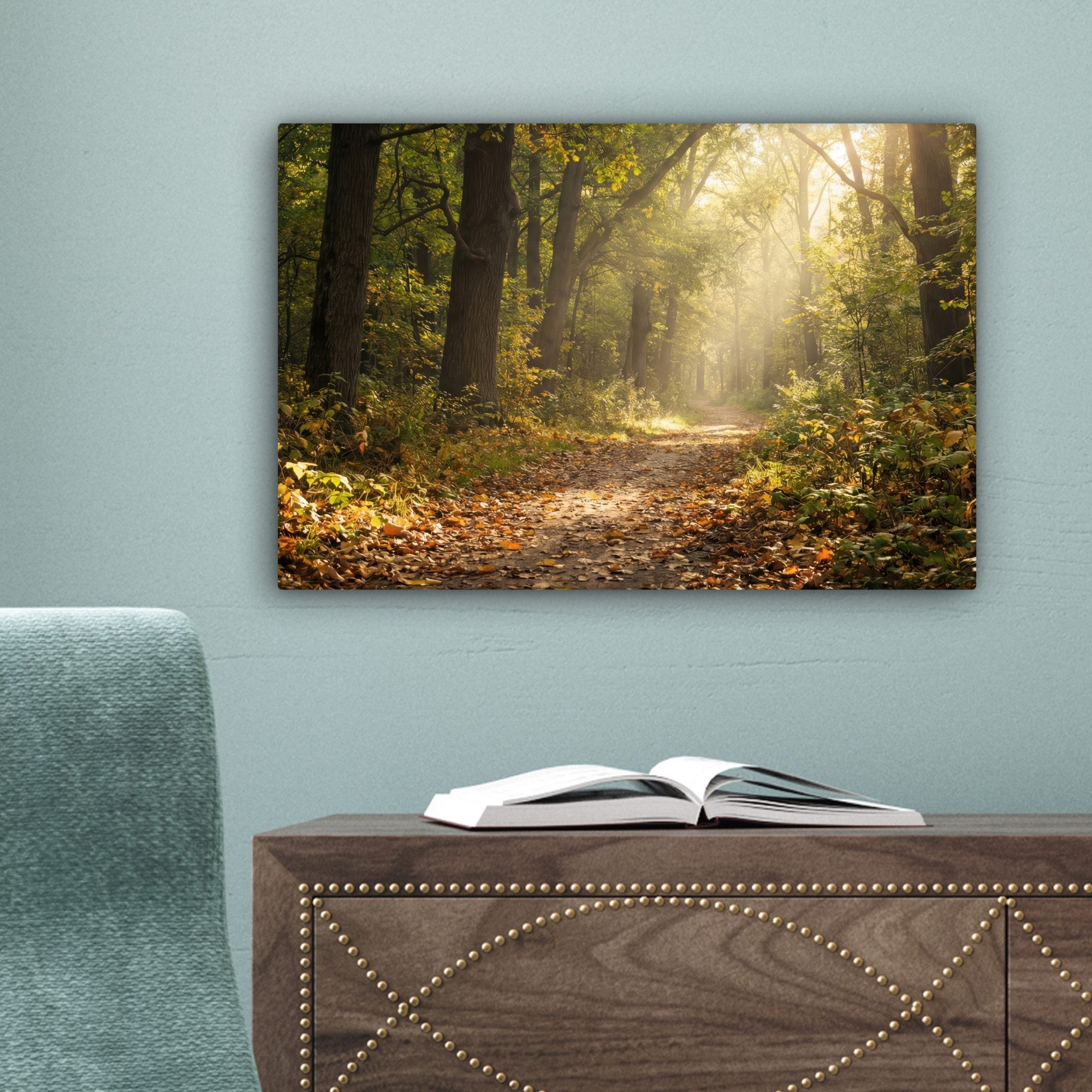 OneMillionCanvasses® Leinwandbild Sonnenlicht - Waldweg - Bäume, Fotodruck (1 St), Leinwand Bilder Klein, Wand Dekoration Aesthetic 30x20 cm – Bild 4 von 5
