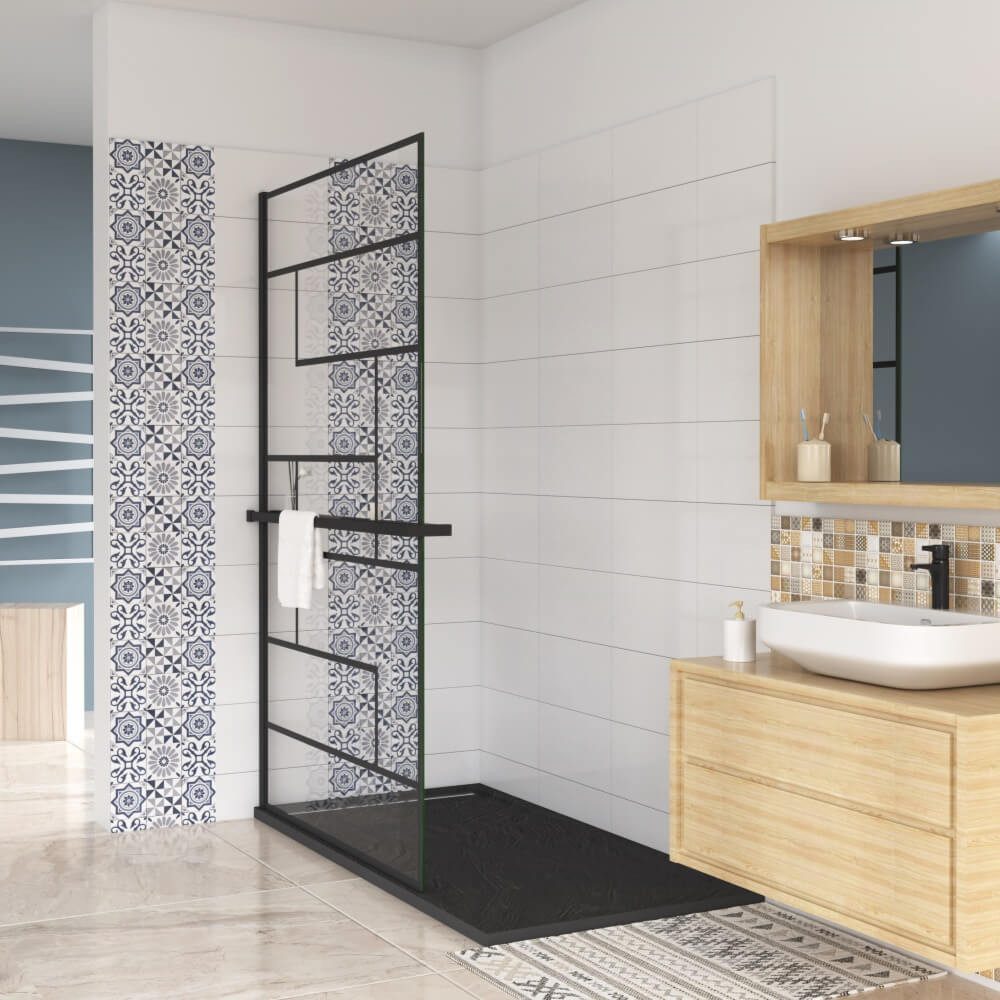 AICA Walk-in-Dusche 200cm 8mm ESG schwarz mit Handtuchhalter Dusche Duschabtrennung, Einscheibensicherheitsglas