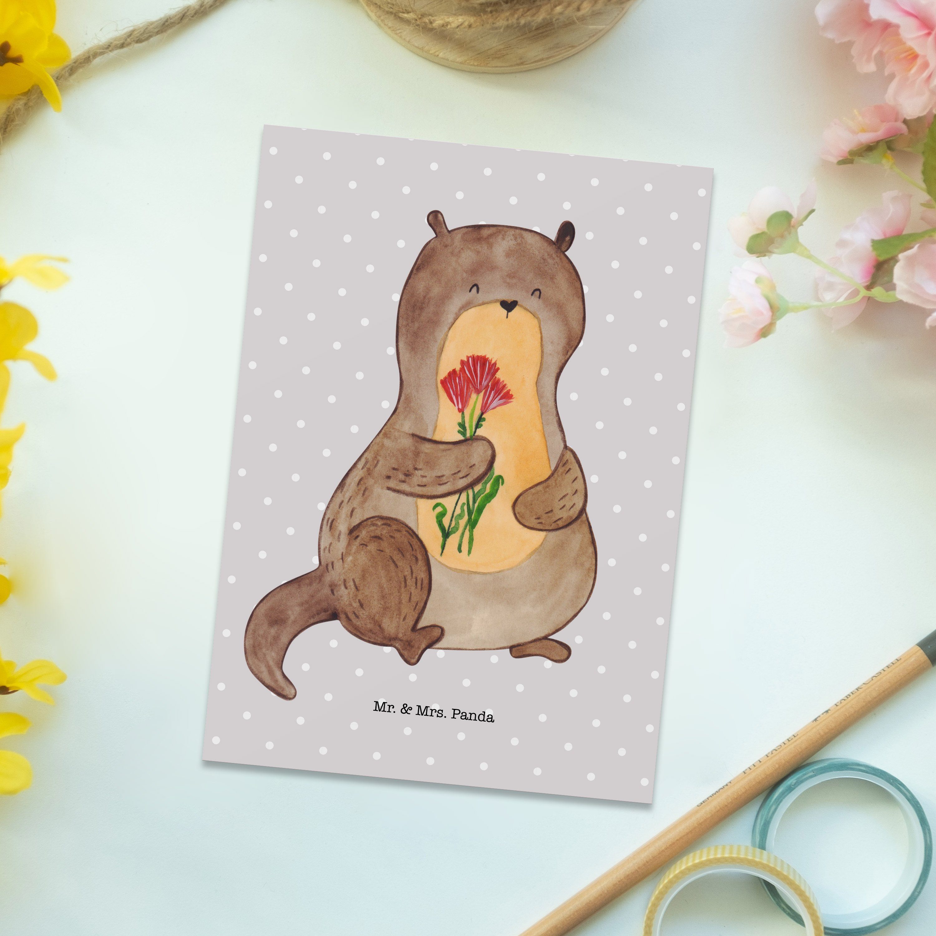 Grau - Panda Geschenk, Mr. - Postkarte Mrs. Seeo Otter Dankeskarte, Pastell & Blumenstrauß Otter