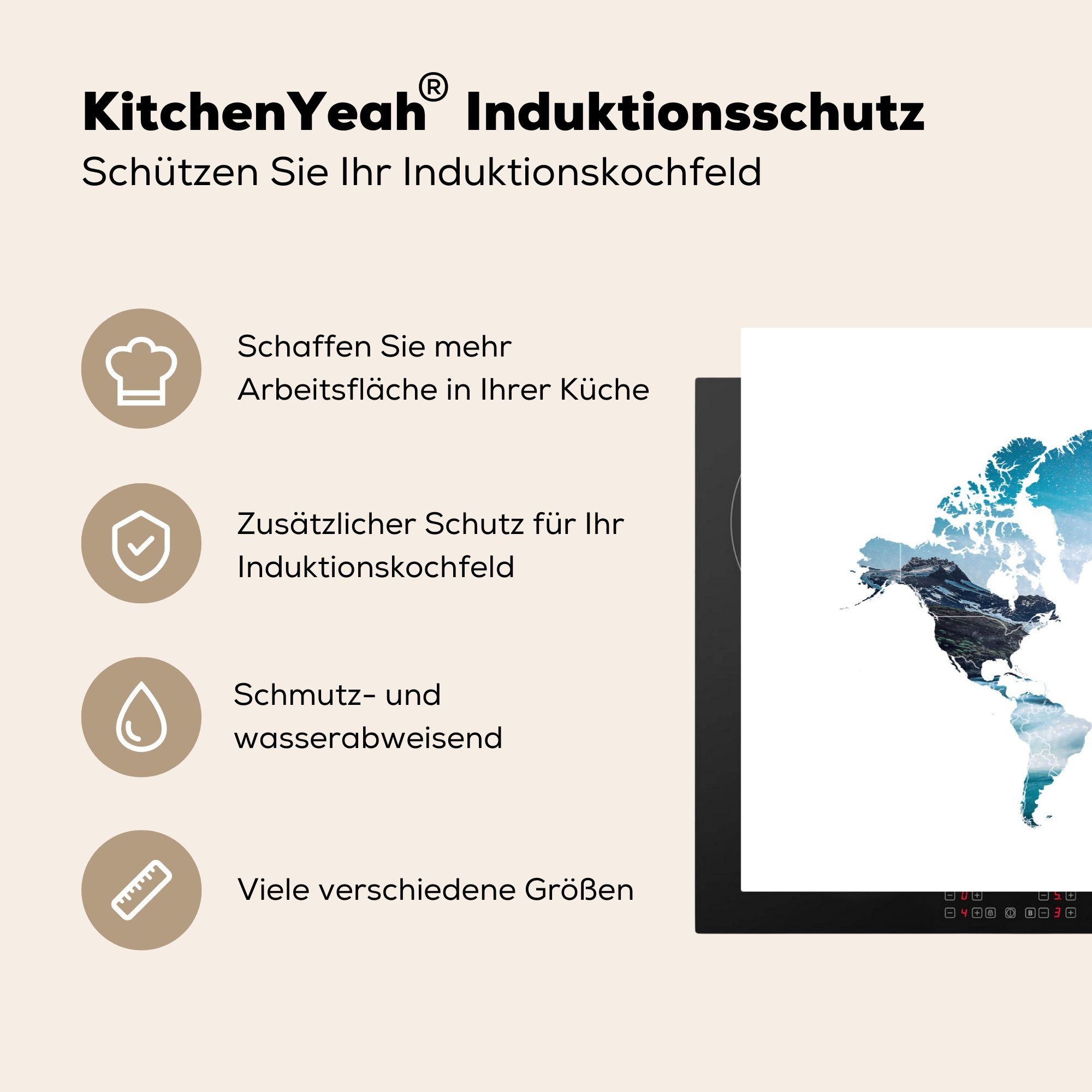 Induktionskochfeld Zitate Weltkarte MuchoWow Ceranfeldabdeckung Berg, - Schutz Herdblende-/Abdeckplatte küche, für Vinyl, cm, die (1 - tlg), 81x52