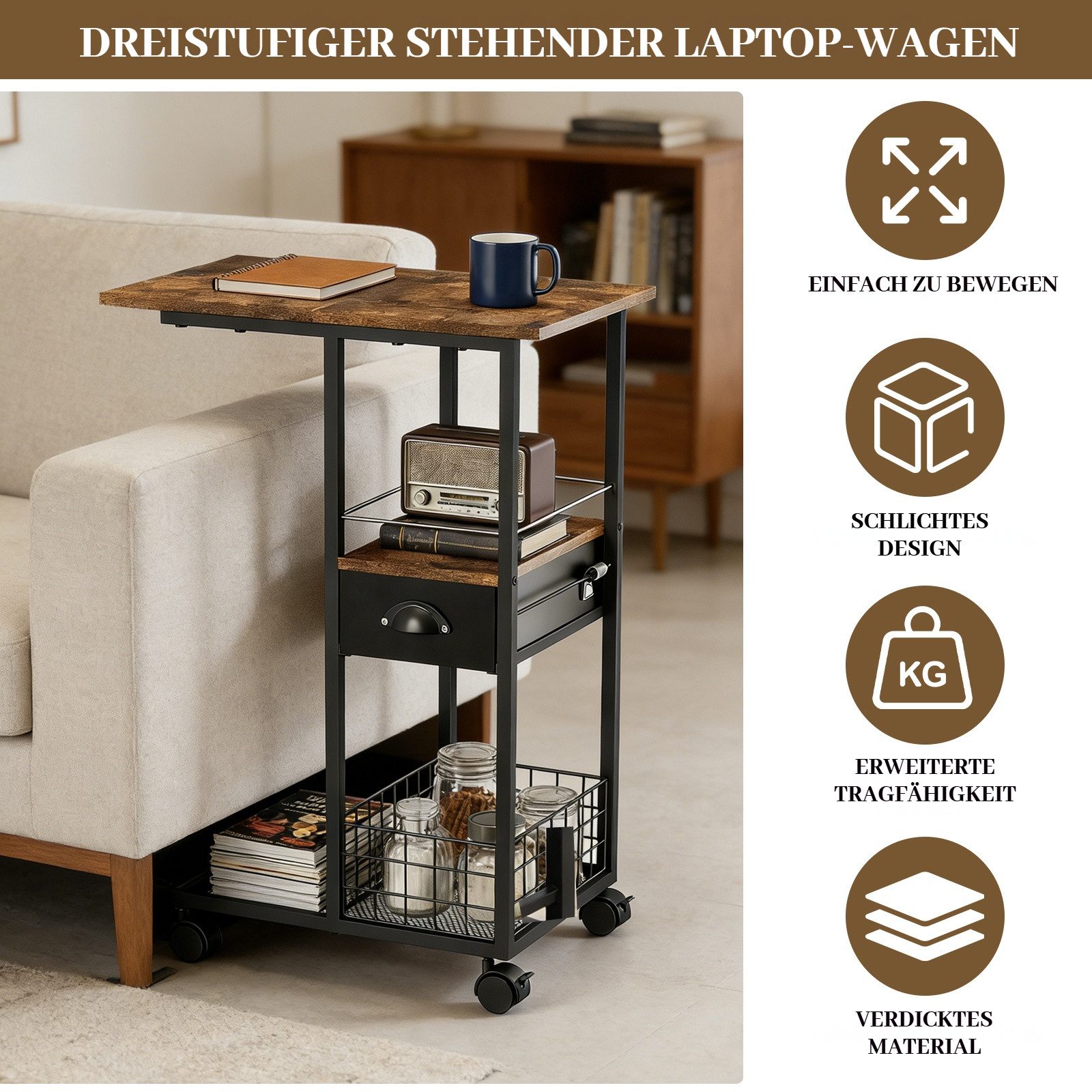 BlingBin Beistelltisch C-Förmiger Sofa-Beistelltisch Mit Schubladen Nachttisch mit Rollen (1er Set, 1-St., 40L x 29B x 71H cm), 3-Stöckiger Couchtisch Sofatisch Für Schlafzimmer Wohnzimmer