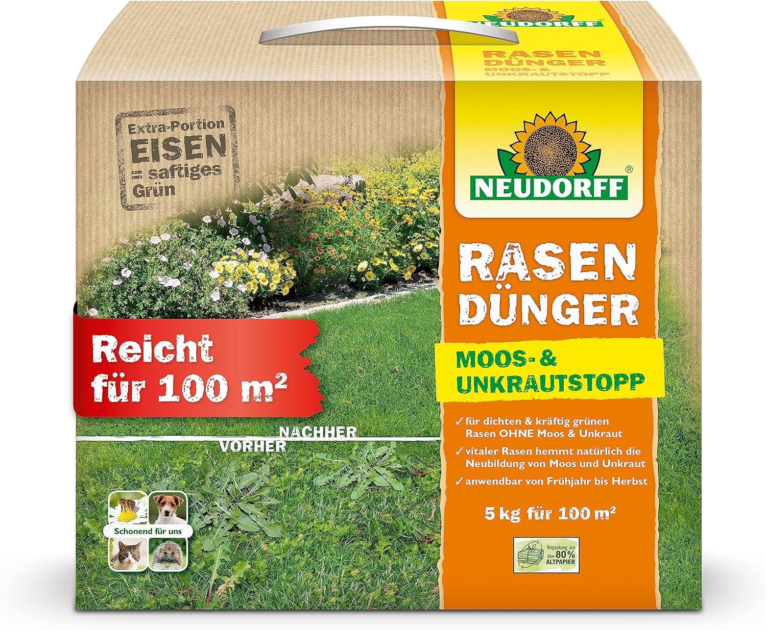 Neudorff Добриво для газону RasenDünger Moos- & UnkrautStopp 5 kg, Eisen und Kalium sorgt für dichten, grünen Rasen ohne Moos und Unkraut, auch für Rasenflächen geeignet, die mit Mährobotern gepflegt werden