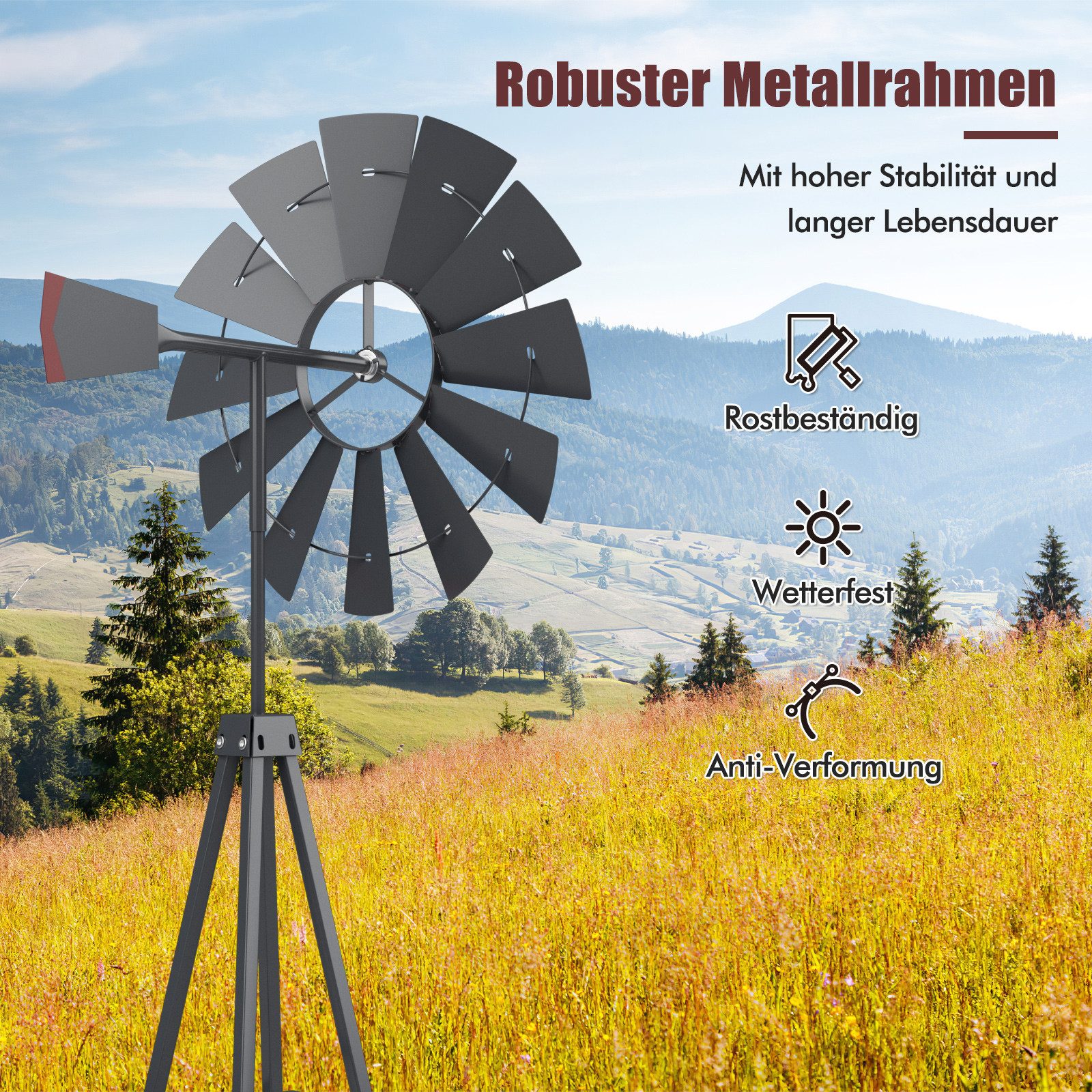 COSTWAY Deko-Windrad Metall, Windmühle mit 12 Ventilatorblätter, wetterfest