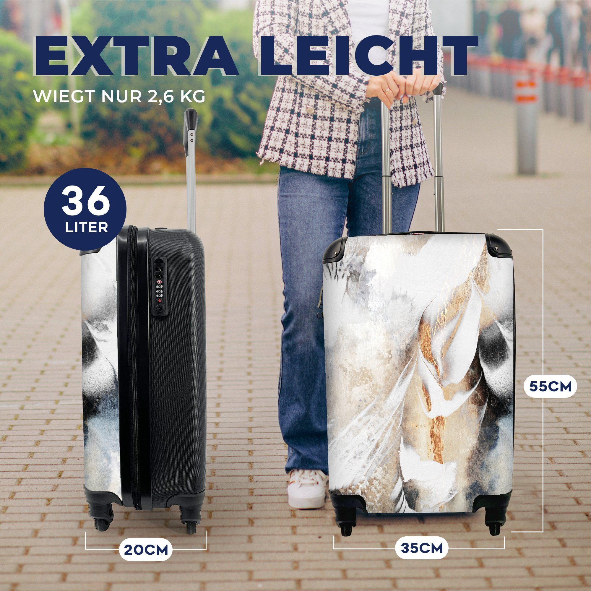 MuchoWow Handgepäckkoffer Abstrakt Reisetasche Trolley, - 4 Design mit - Handgepäck Gold Luxe, rollen, Reisekoffer - Rollen, Ferien, für