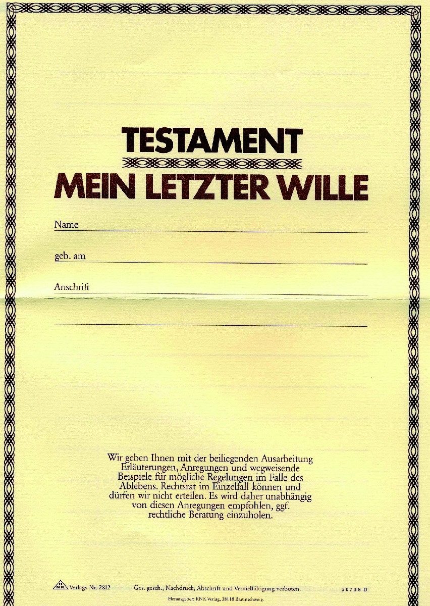 Formularblock Vordruck Testamentbrief.