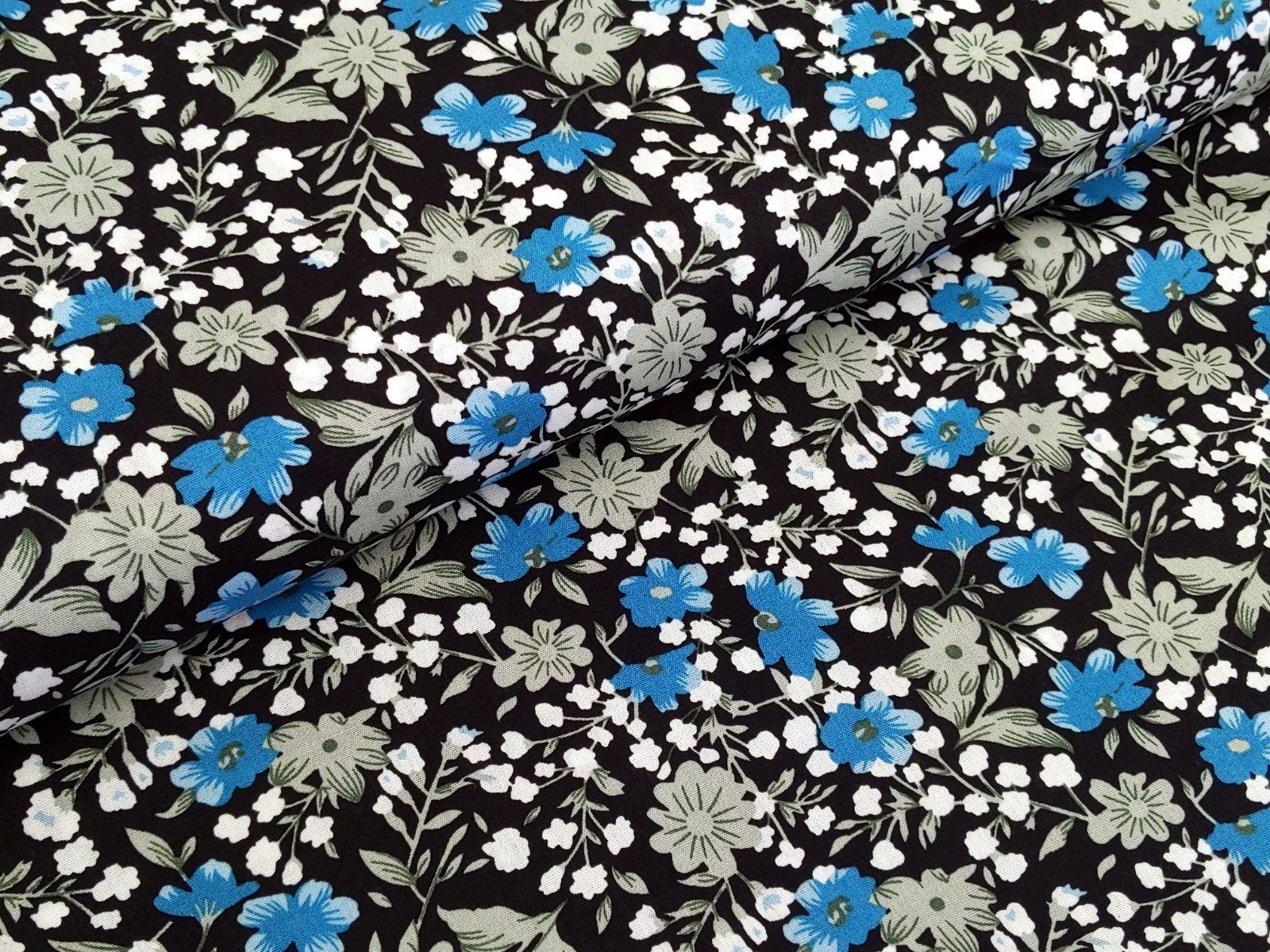 Corileo Stoff Baumwollstoff Popeline Blumen Aqua Schwarz Stoff Meterware