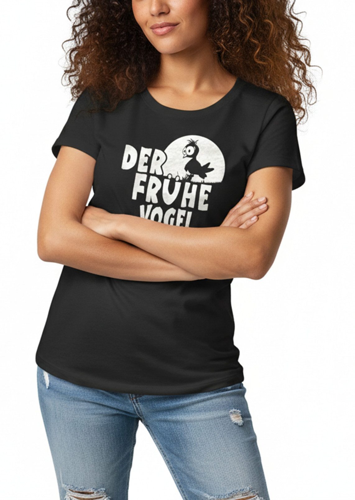 MAKAYA T-Shirt Damen Sprüche Top Der Frühe Vogel Print Motiv Frauen Oberteile