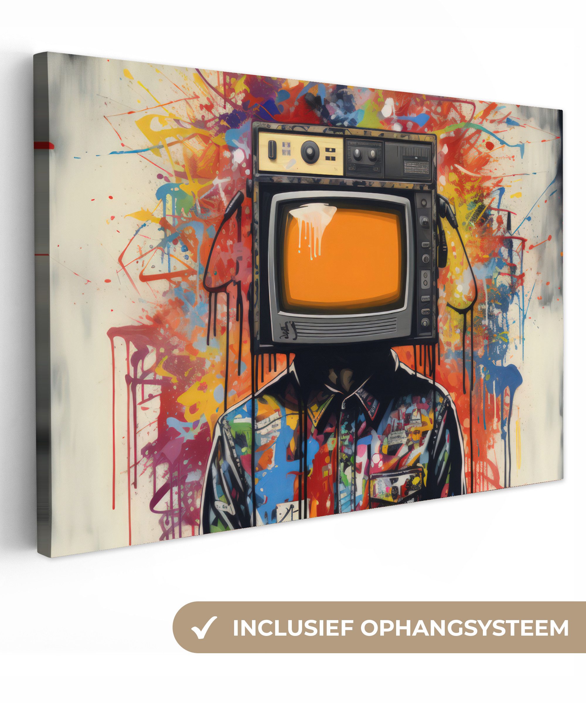 OneMillionCanvasses® Leinwandbild Fernsehen - Graffiti - Mensch - Farben, Fotodruck (1 St), Leinwand Bilder groß für Wohnzimmer 140x90 cm