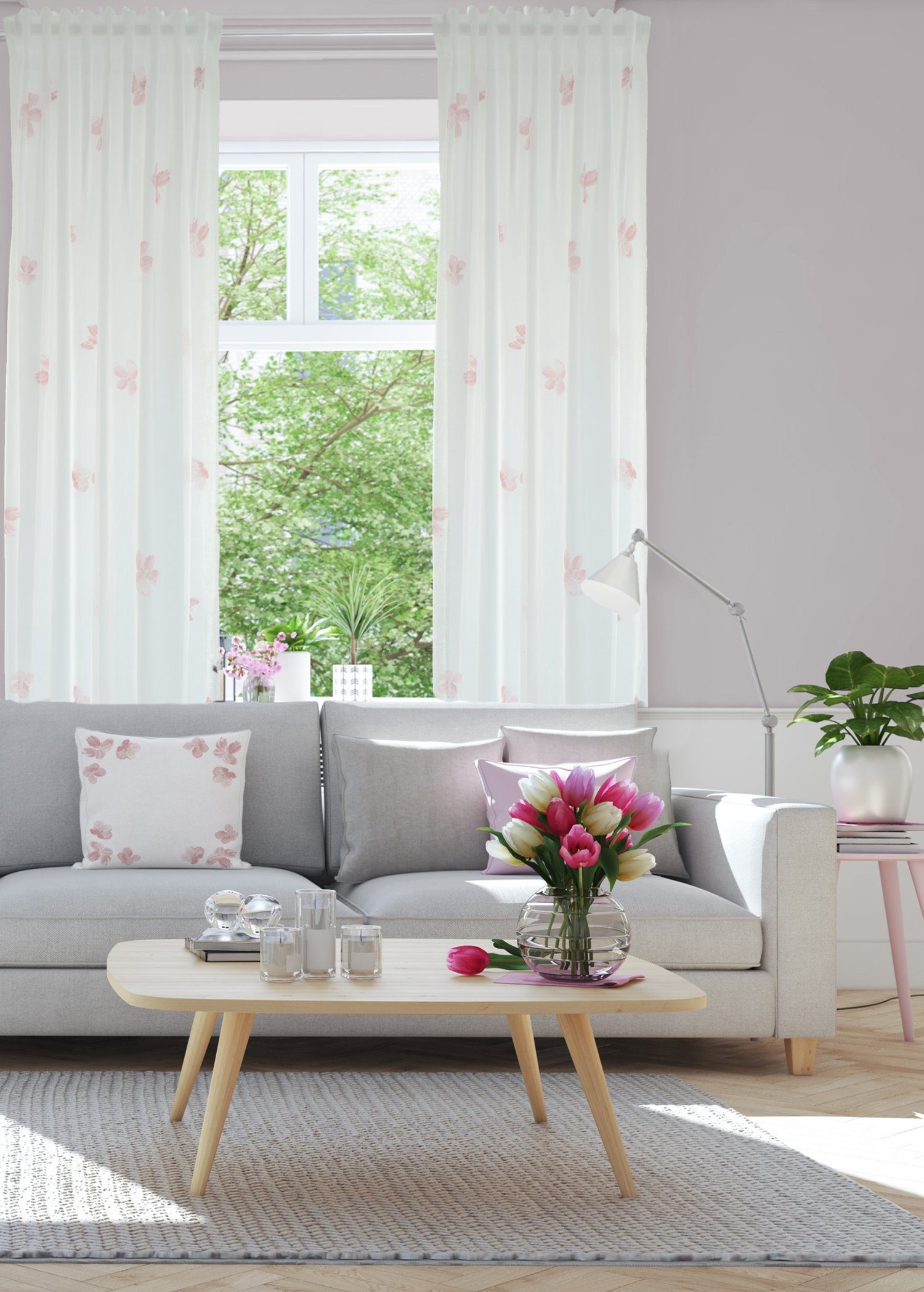 Vorhang, HOMING, Verdeckter Schlaufenschal Minato 140x245cm Farbe: weiß-rose