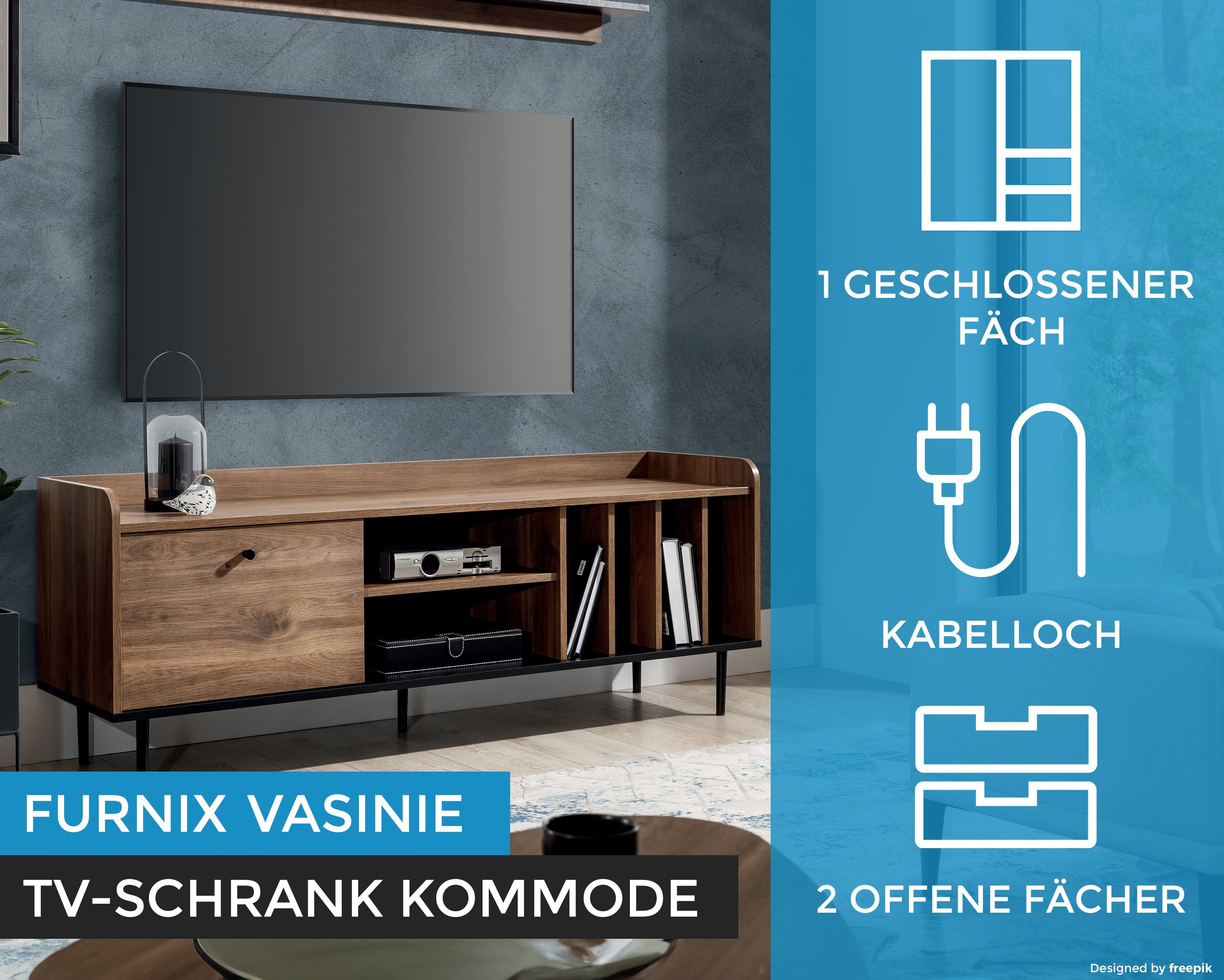 viele 56,2 Ablagefächer, Loft-Stil Furnix Brandy-Castello-Holzes VASINIE 40 x x im Kabinett 150 TV-Schrank Fernsehschrank cm