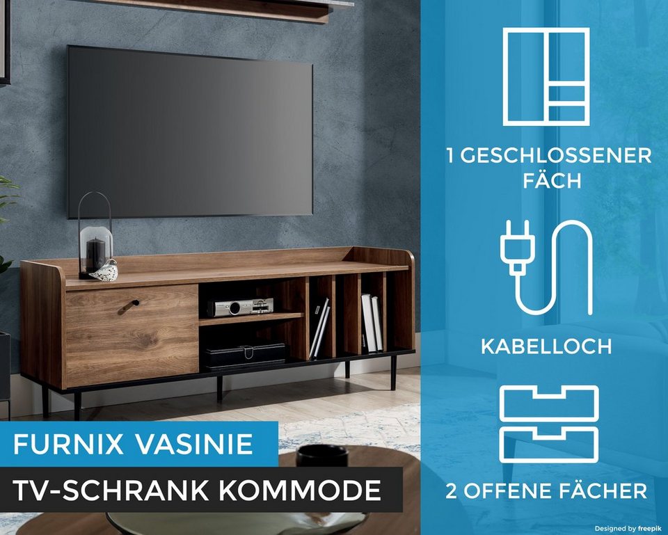 Furnix TV-Schrank Kabinett Fernsehschrank VASINIE im Loft-Stil  Brandy-Castello-Holzes viele Ablagefächer, 150 x 56,2 x 40 cm