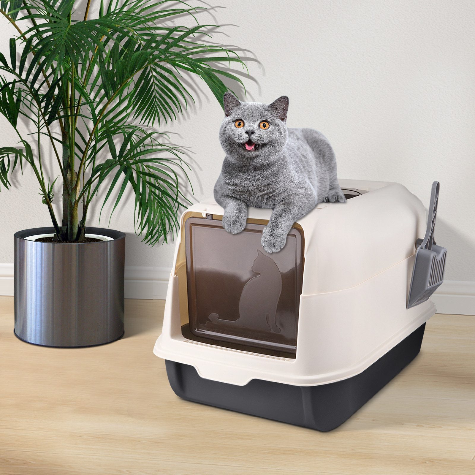 JEOBEST Katzentoilette Katzenklo mit Schaufel, Toilet, Offene Toilette, Hoher Abnehmbarer Rand, Für große Katzen, Kätzchen 36 x 51 x 34cm