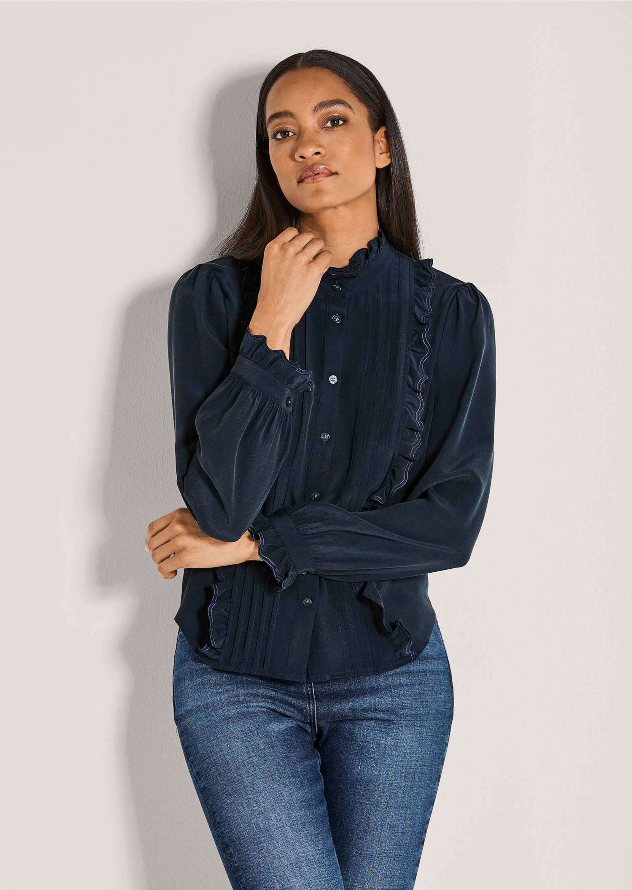 MADELEINE Langarmbluse Langarmbluse mit Stehkragen Viskosebluse mit bestick günstig online kaufen