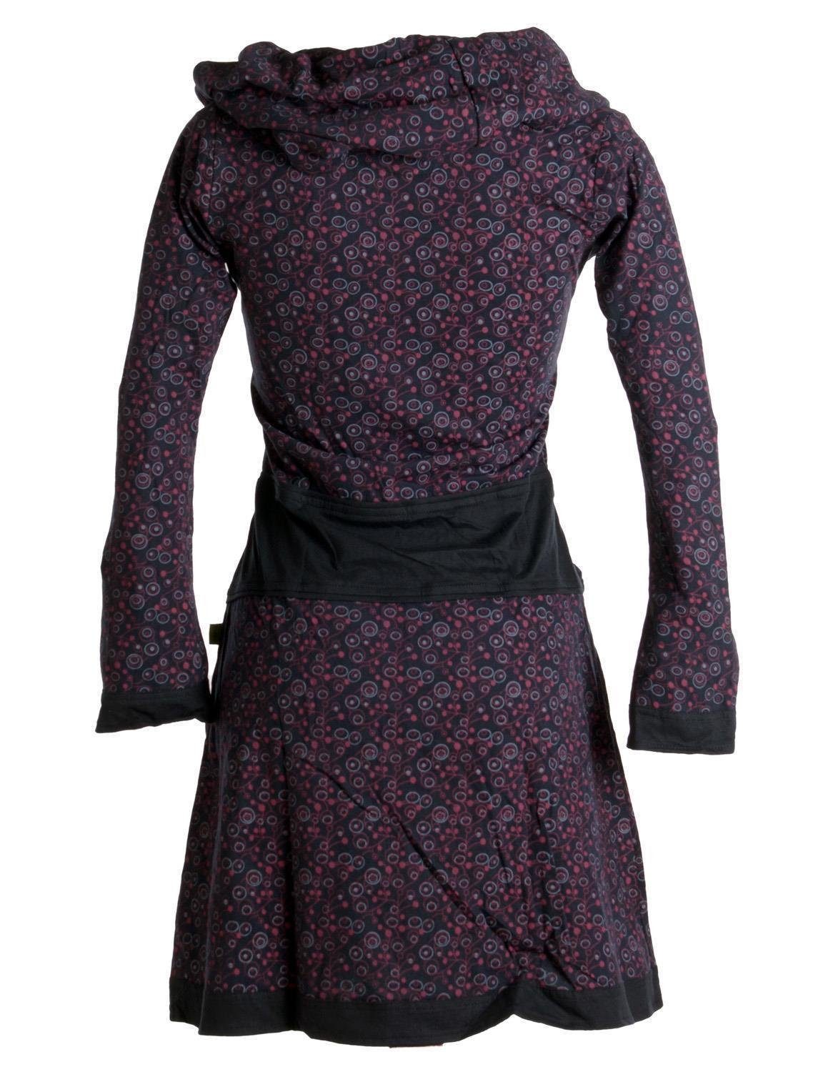 Vishes Jerseykleid Bedrucktes Kleid Schalkragen schwarz-rot mit Ethno, Baumwolle Goa, aus Style Boho, Hippie
