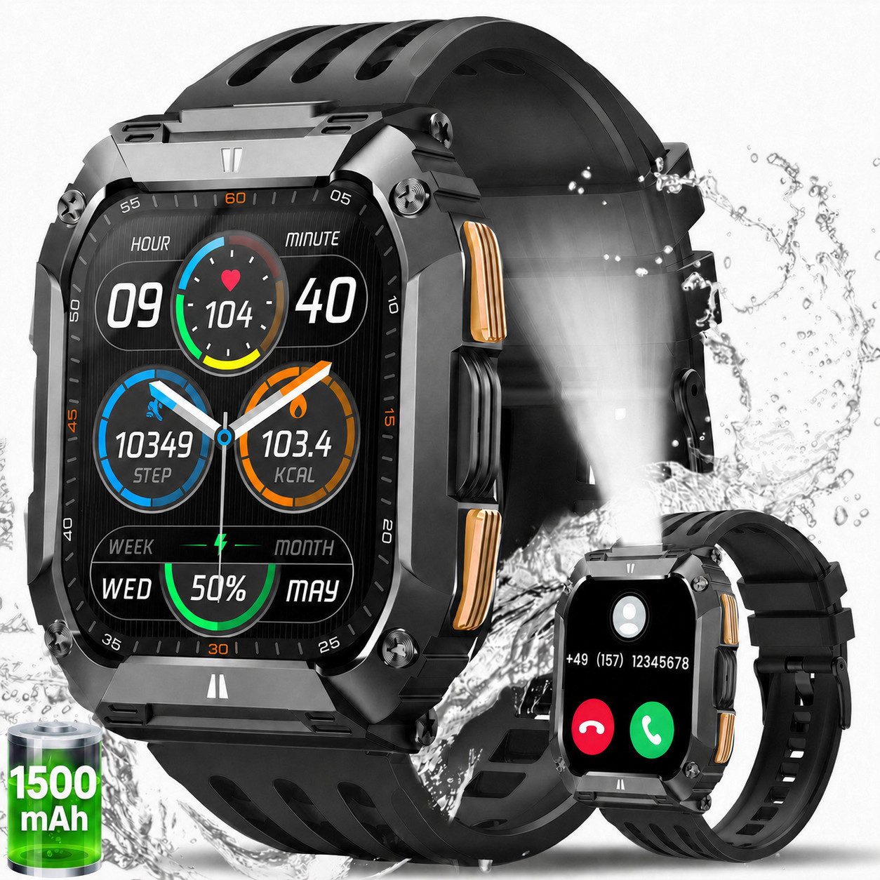 SWGOTA 1500mAh Smartwatch Herren Militär,2,01'' AMOLED-Display Fitnesstracker Smartwatch (2,01" Zoll), Smartwatch Outdoor mit Herzfrequenz/SpO2/Schlafmonitor/Atemtraining