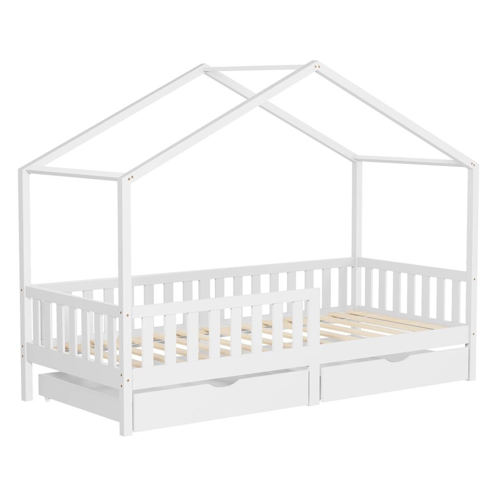 ML-DESIGN Spielbett Hausbett Kinderbett inkl. 2 Schubladen, Lattenrost und Rausfallschutz, Abenteuerbett 90x200cm Haus Bett Himmelbett Kiefer Jugendbett Weiß