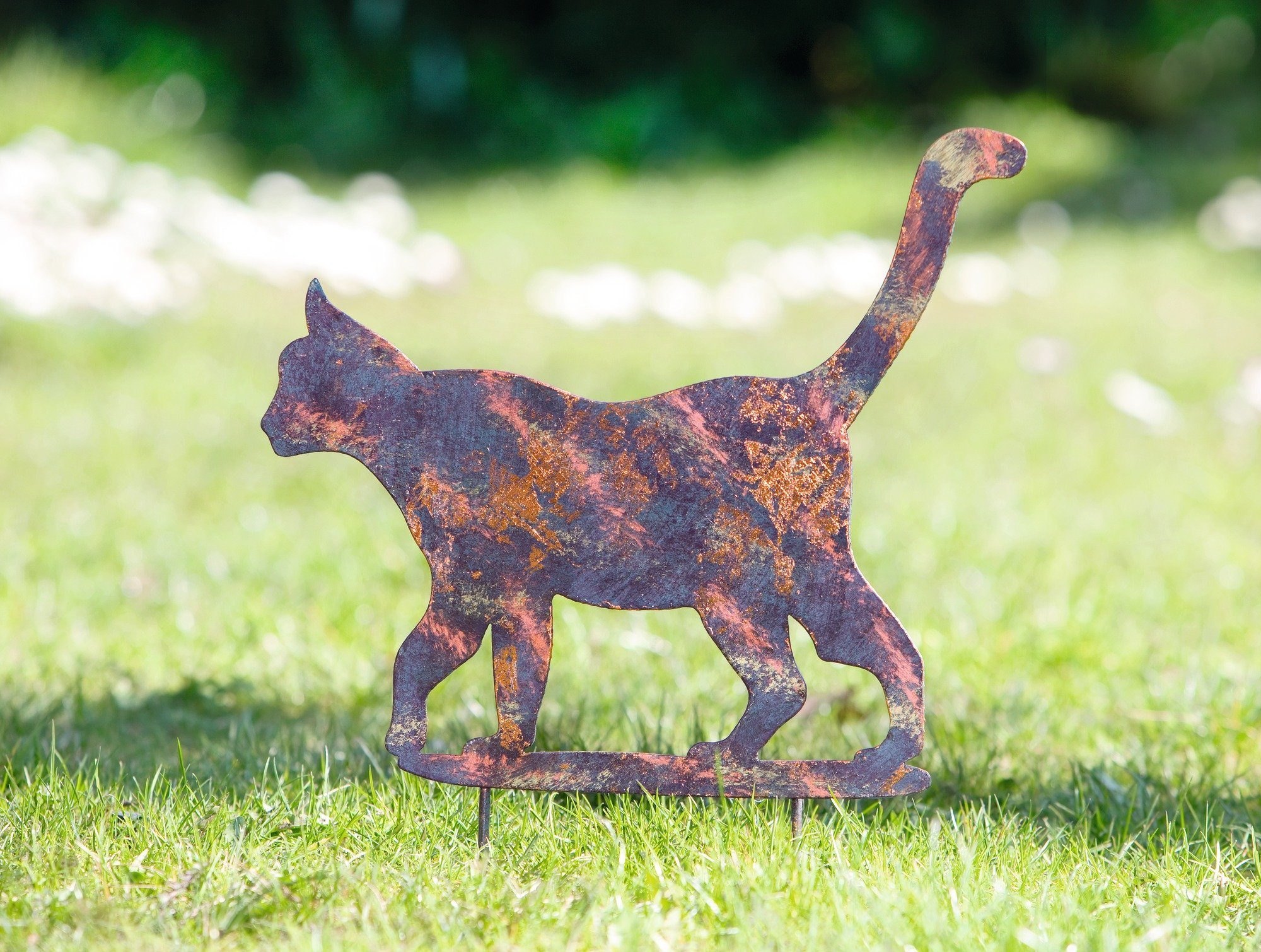 Dekoleidenschaft Gartenstecker "Katze" aus Metall grau mit Patina in gold / bronze, Gartendeko (1-St) Vogelschreck, Gartensticker