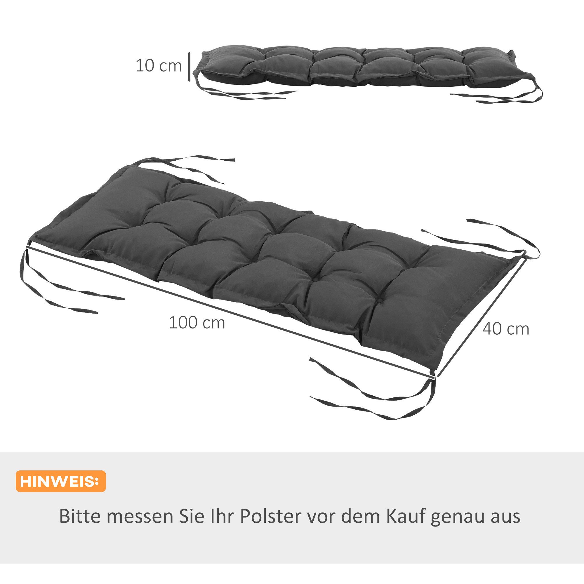 Outsunny Sitzkissen Stuhlkissen mit Bindebänder, 10cm dick, waschbare Polsterauflage, 100 x 40 cm, für Haus, Garten, Sofa, Stühle, Dunkelgrau