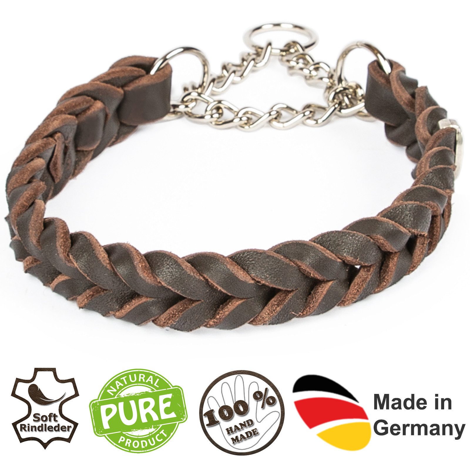 CopcoPet Hunde-Halsband Fettleder Halsband geflochten mit verchromter Zugstopp Kette, Leder, Leder, Geflochten, Handarbeit