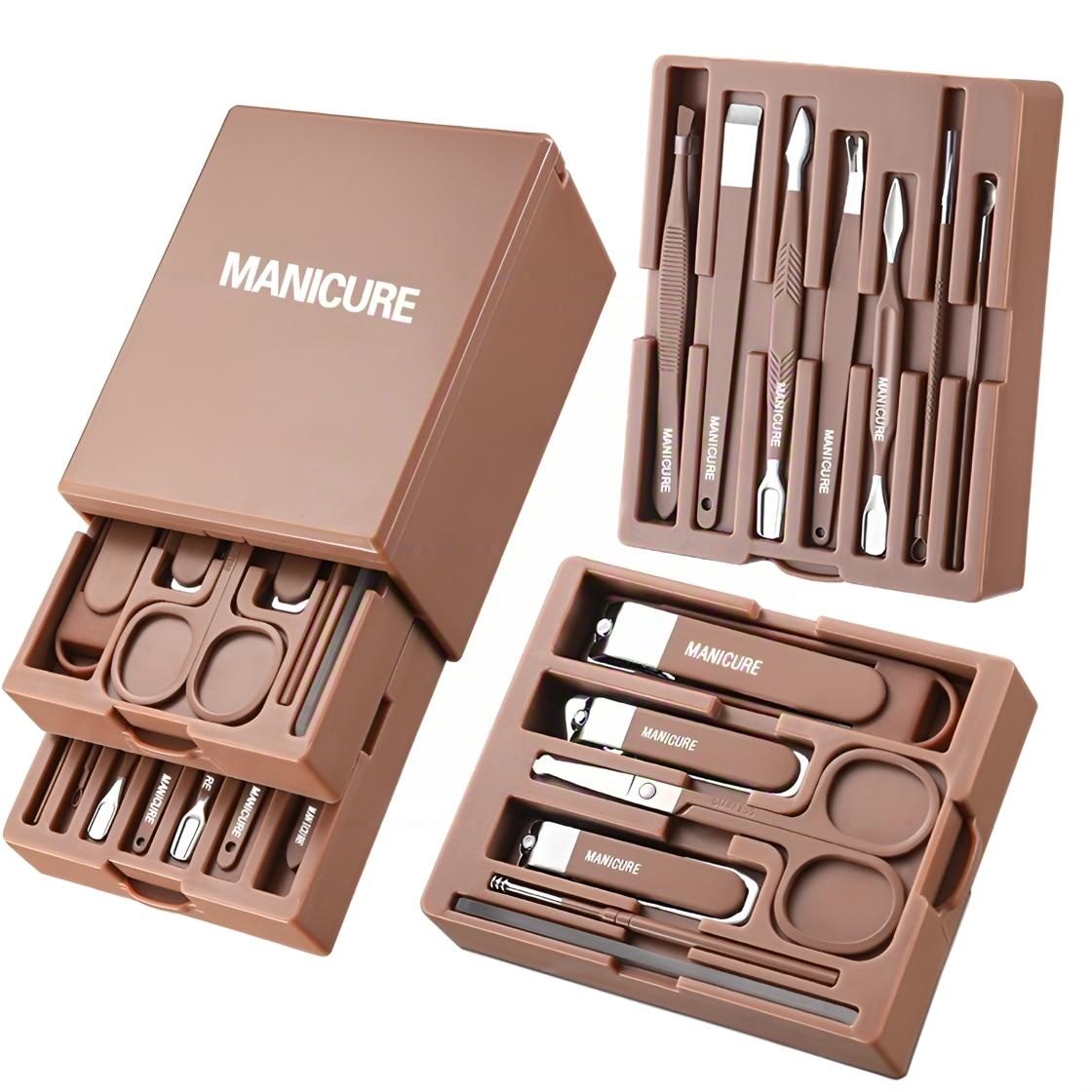 Fyrove Maniküre-Etui Maniküre-Pediküre-Set mit einem Spiegel,Hand und Pediküre-Set,13 tlg., Edelstahl,Tragbares Pediküre Set mit Aufbewahrungsbox