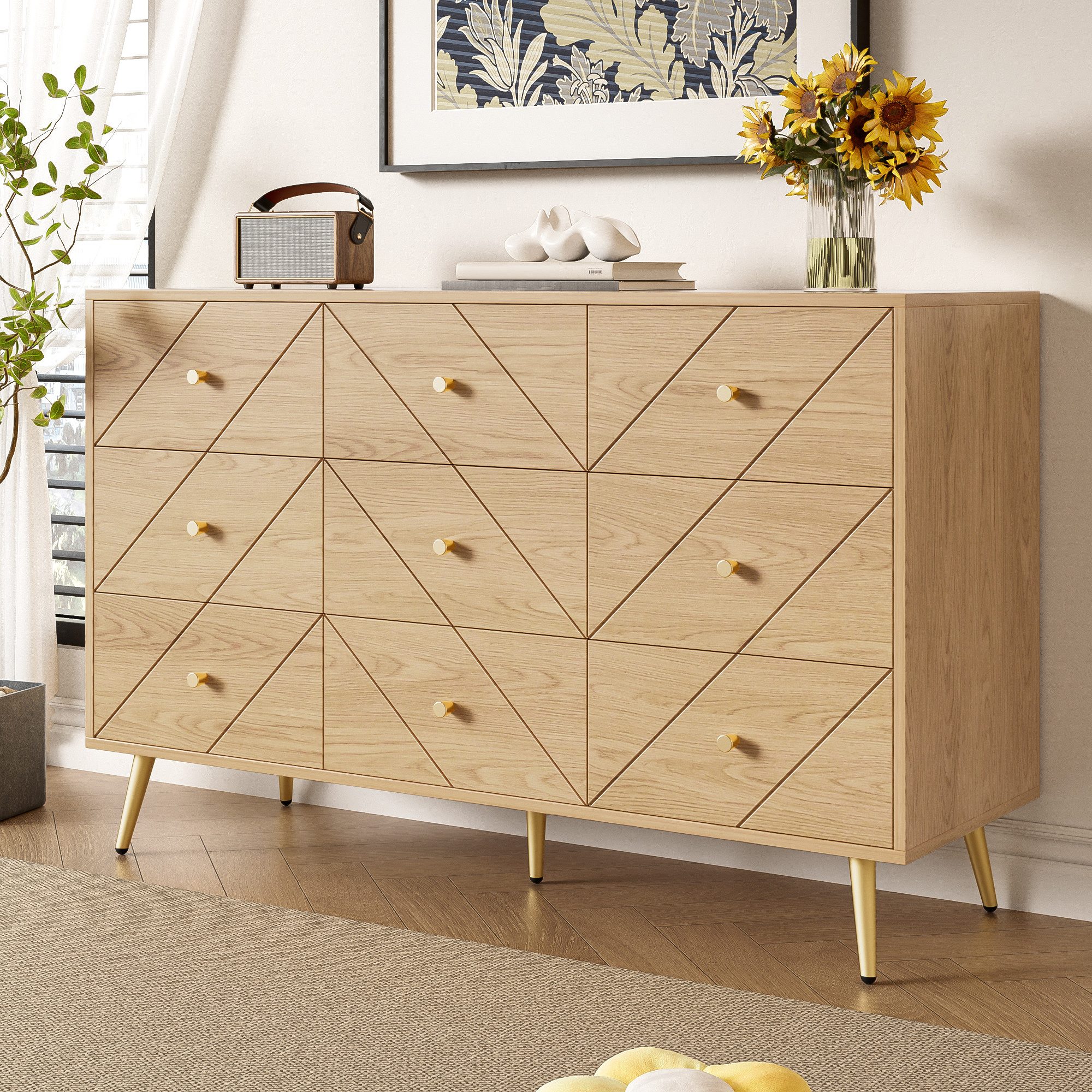 Merax Kommode mit 9 Schubladen und Eisenbeinen (für Schlafzimmer, Wohnzimmer & Flur, 1 St., Buffetschrank Anrichte), Sideboard mit geometrischen Mustern & praktischen Knöpfen, 120x39x80cm