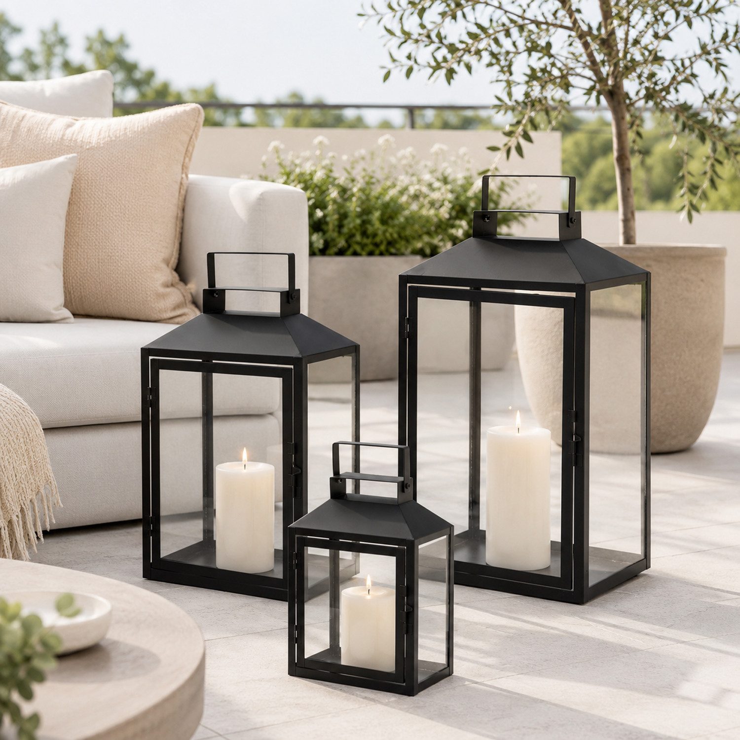 Mojawo Laterne 3er Gartenlaternen Laternen Metall Windlicht Schwarz H28/35/44cm
