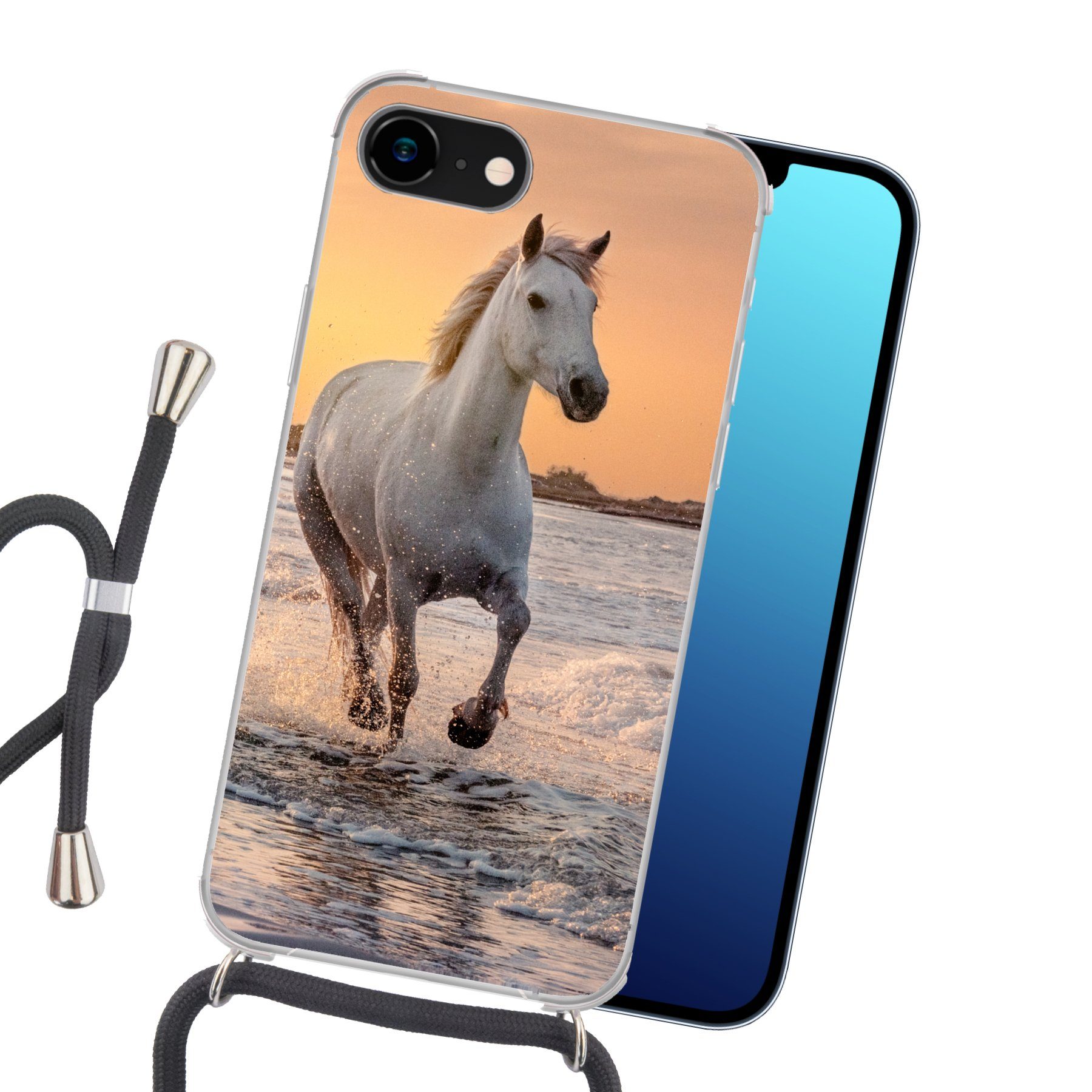 MuchoWow Handyhülle für Apple iPhone 7 Pferde - Sonne - Meer - Strand - Tiere, Tragbare Handyhüllen mit Kette zum umhängen, Handykette Handyband