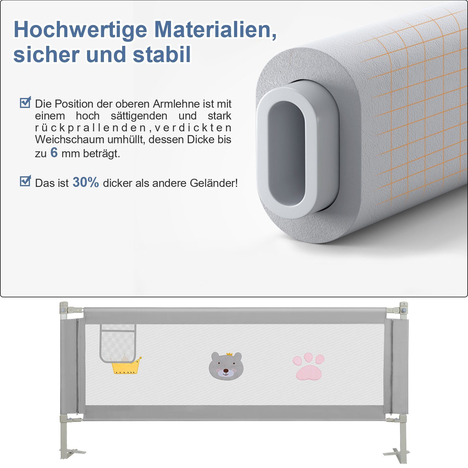 strapazierfähigem Polyester Metall Bettschutzgitter 150-200cm), (und Gimisgu Bettschutzgitter Material Höhenverstellbar aus Bettgitter Canvas Kinder Rausfallschutz