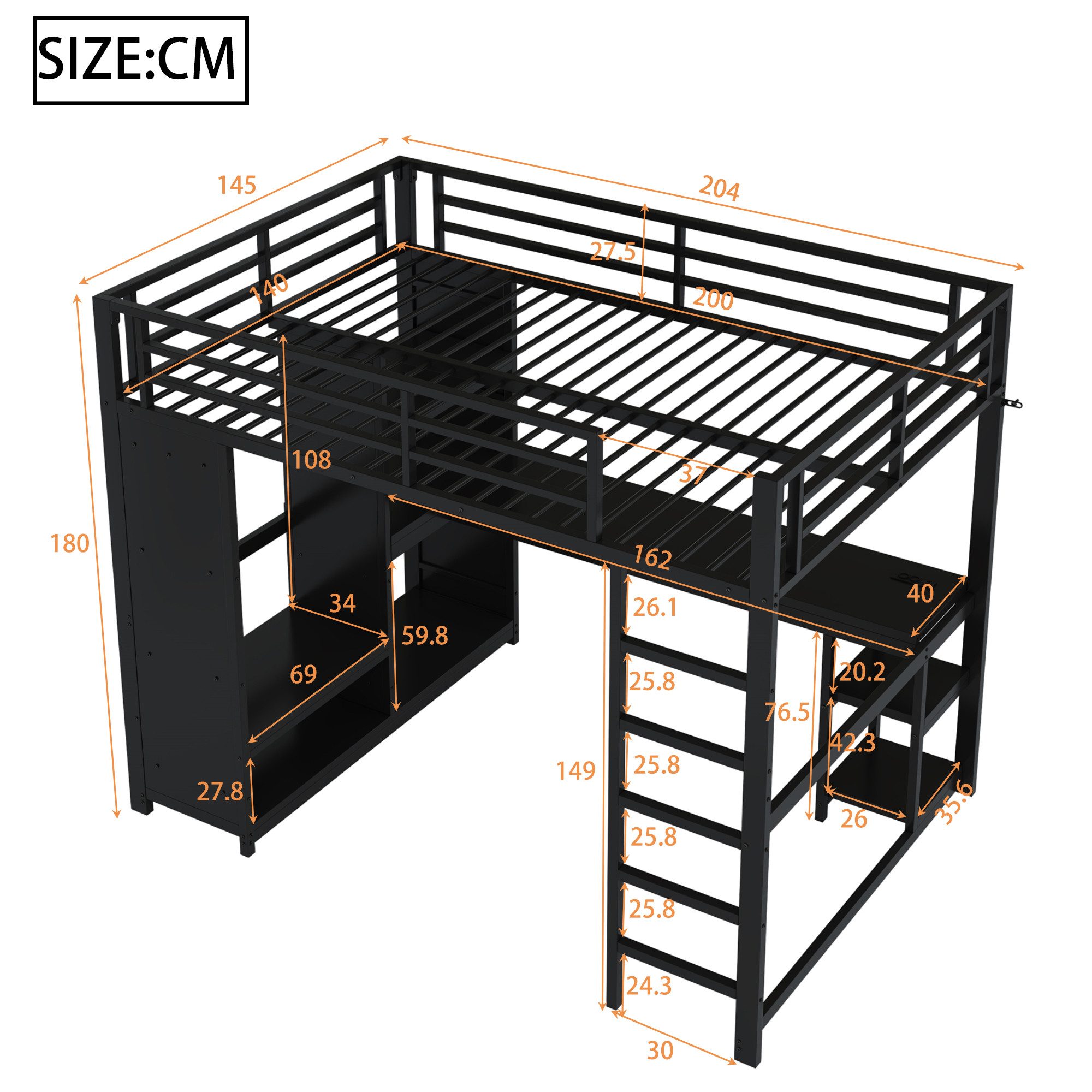 Merax Hochbett (Jugendbett Kinderbett Einzelbett Spielbett, 1-St) Metallbett 140x200cm mit LED Schreibtisch Kleiderschrank Ablagefächern – Bild 4 von 5