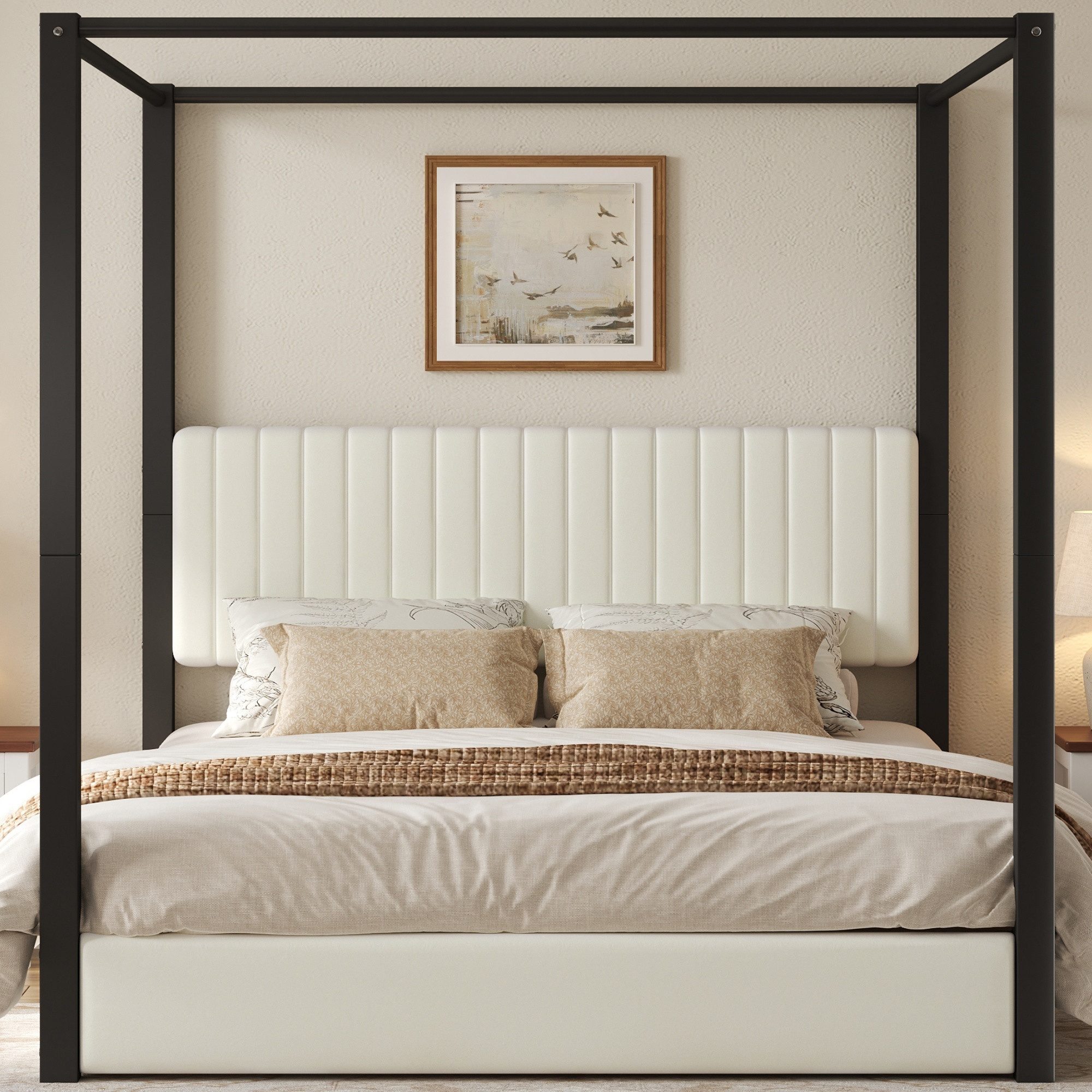 Flieks Himmelbett, Polsterbett Doppelbett 180x200cm mit weicher Rückenlehne, Metallsäulen
