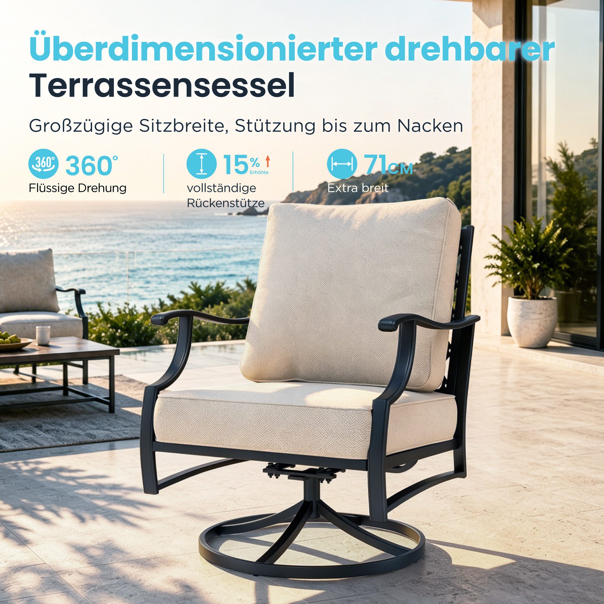 PHI VILLA Gartenlounge-Set, (Balkonmöbel Outdoor Ecksofa, Gartenmöbelsets 7-Sitzer, 5-teiliges Metall Lounge Möbel Outdoor), E-Beschichtung Geschmiedeter Rahmen & Dicke Kissen, Beige